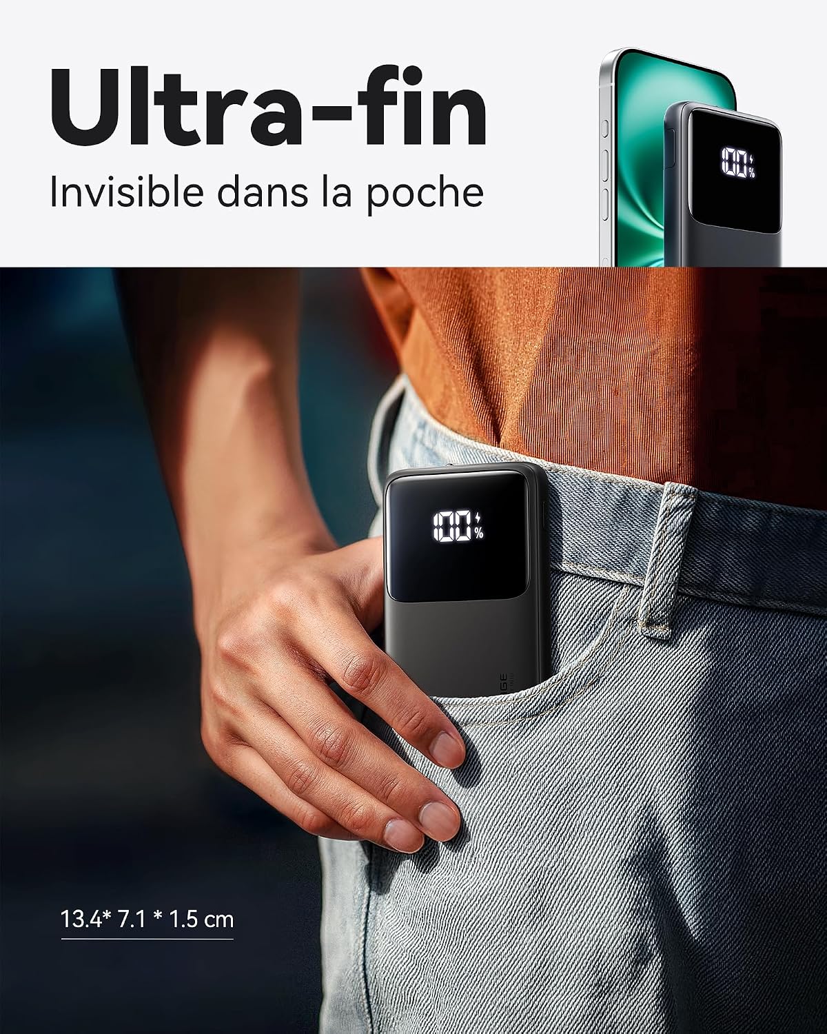 Detalle de INIU Batterie Externe 10000 mAh – Charge Rapide 22,5 W PD3.0 QC4.0, USB‑C Input/Output, Compatible iPhone et iPad
