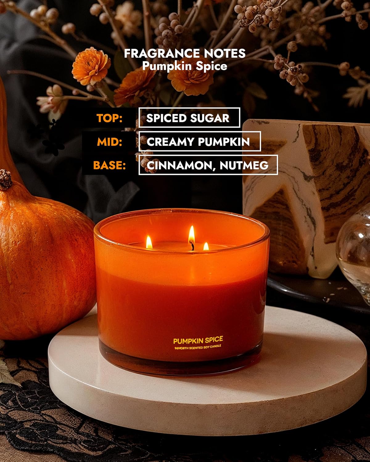 Detalle de 96NORTH AAN00164 Pumpkin Spice Soy Candle, Large 3-Wick Glass Jar