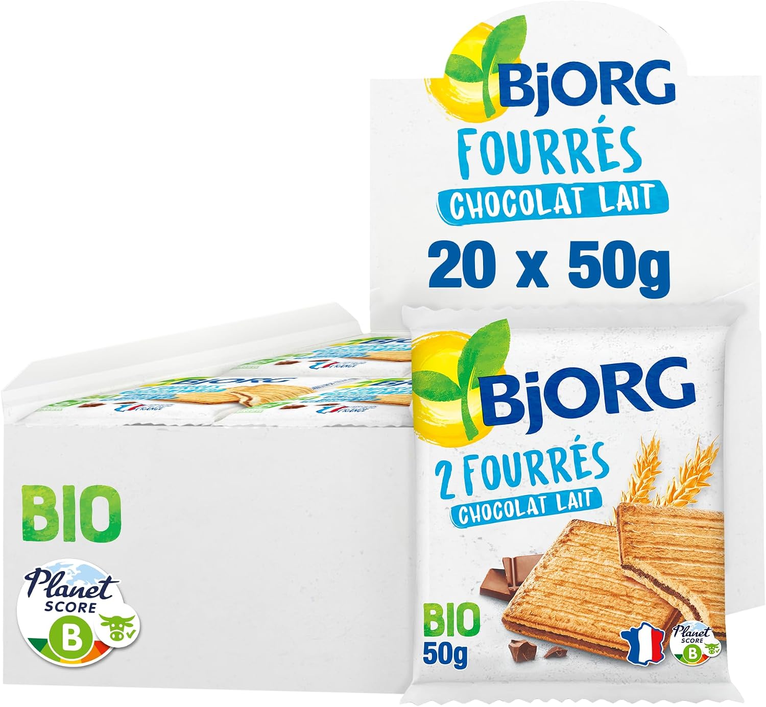 BJORG Biscuits Fourrés Chocolat Lait en Pochon – Bio, Sans Huile de Palme, Fabriqué en France (50 g x 20, total 1 kg)