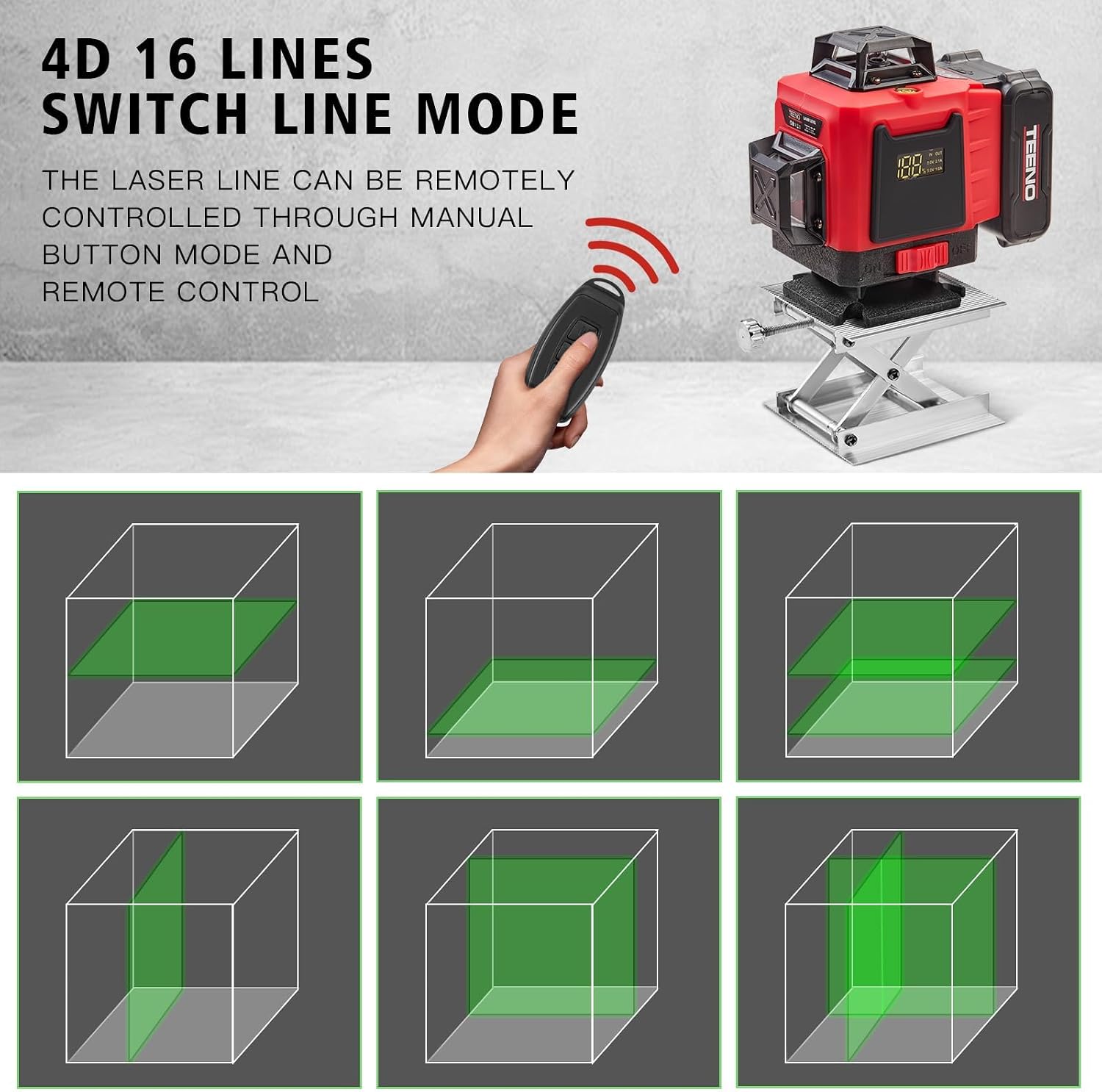 Thumbnail 6 de TEENO Rotatif Niveau Laser 360° x 4,4D 16 Lignes Vertes — Kit complet avec télécommande et trépied