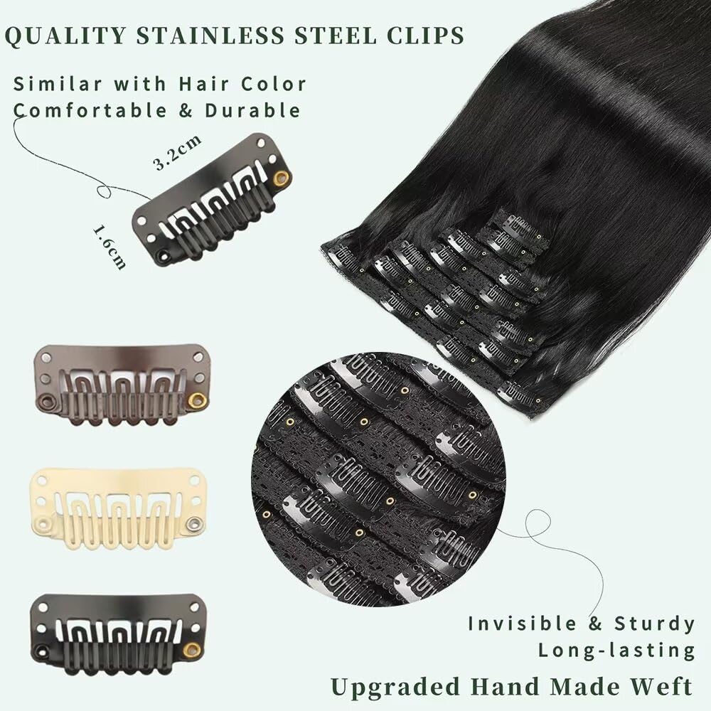 Detalle de GUDOZO Clip-in Echthaar Extensions 35 cm natürliches Schwarz (1B#) – 7-teilig, Skin Weft