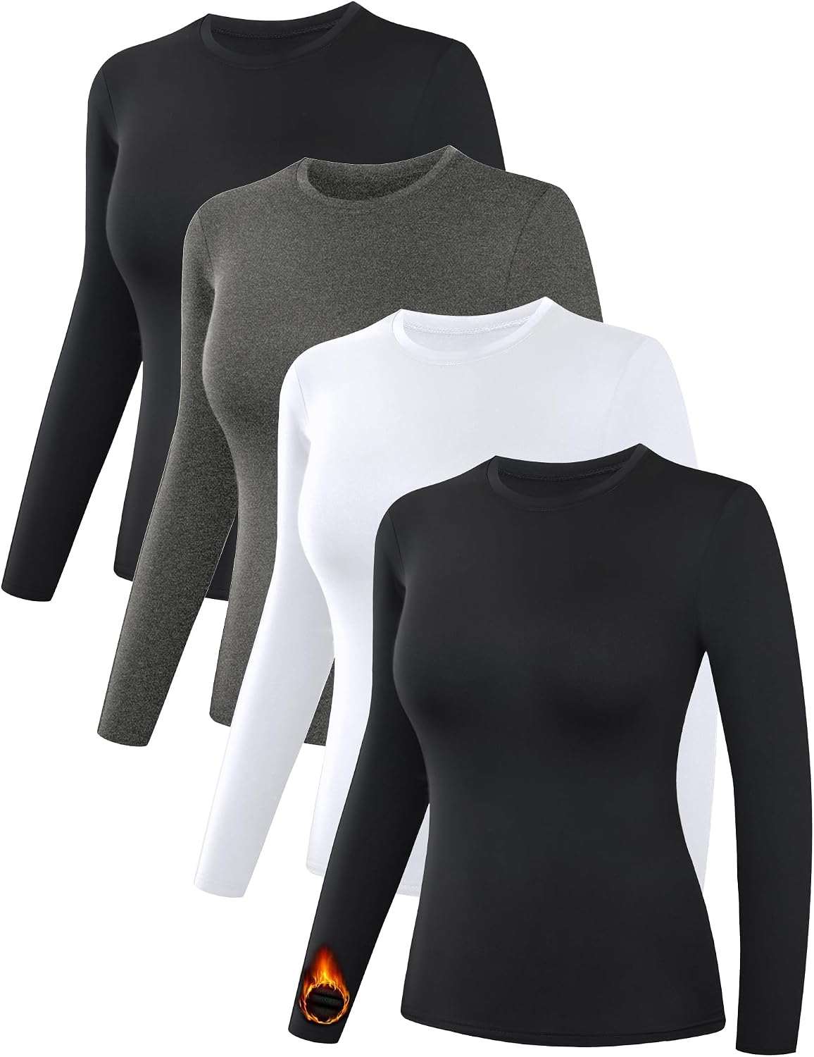 Detalle de Dalavch Women's Fleece-Lined Thermal Shirts, 4-Pack, Long Sleeve Crew Neck