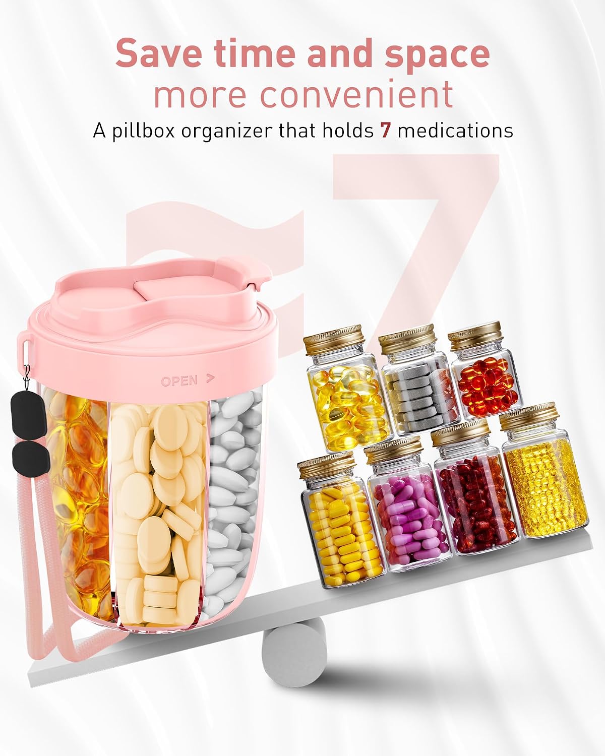 Detalle de MEI NIAN 7-Compartment Pill Organizer, Pink, with Wide Openings and 20 Labels