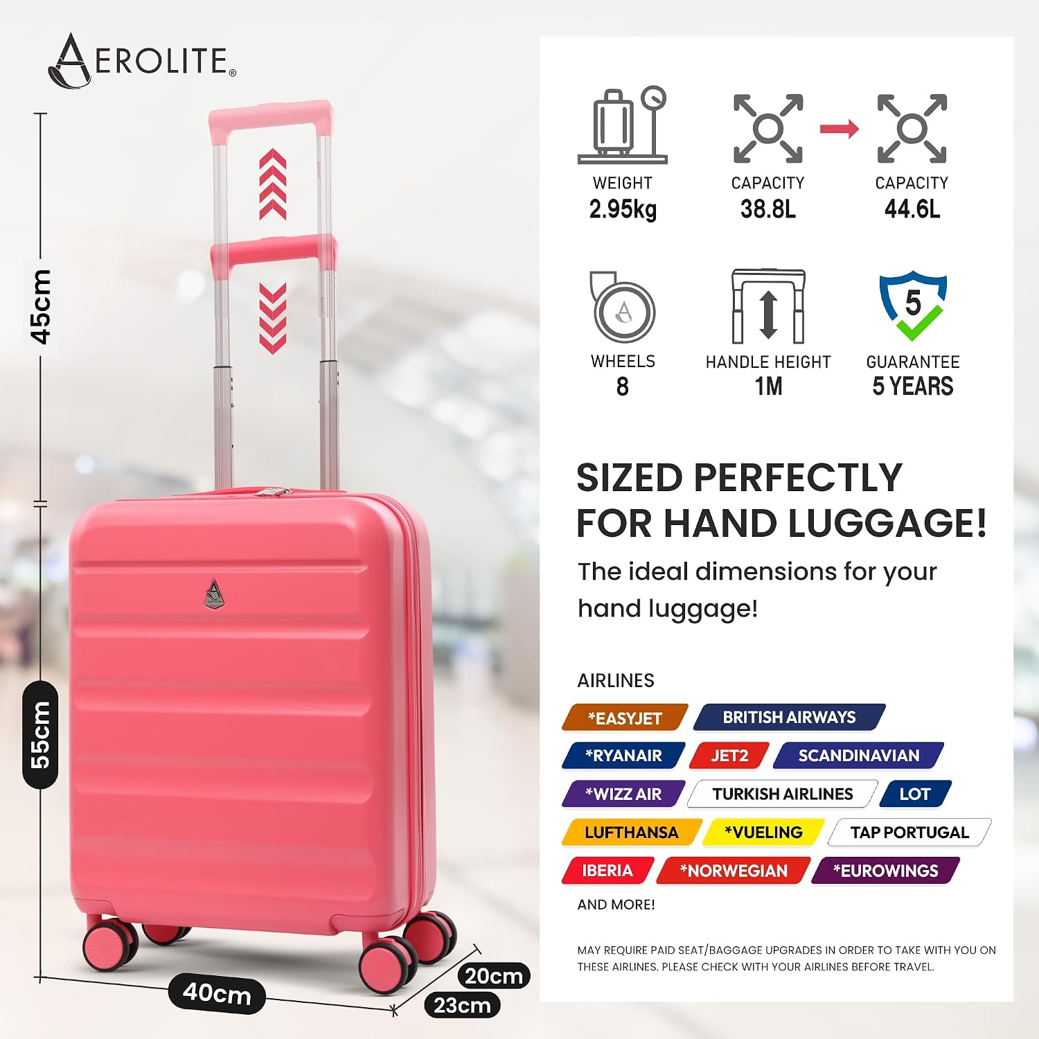 Detalle de Aerolite 55x40x20 Expandable Ryanair Priority Cabin Suitcase, 4 Wheels