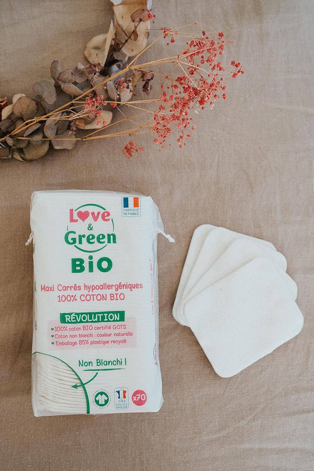 Thumbnail 4 de Love & Green Cotons Maxi Carrés hypoallergéniques 100% bio (x70) – change & toilette bébé, fabriqués en France