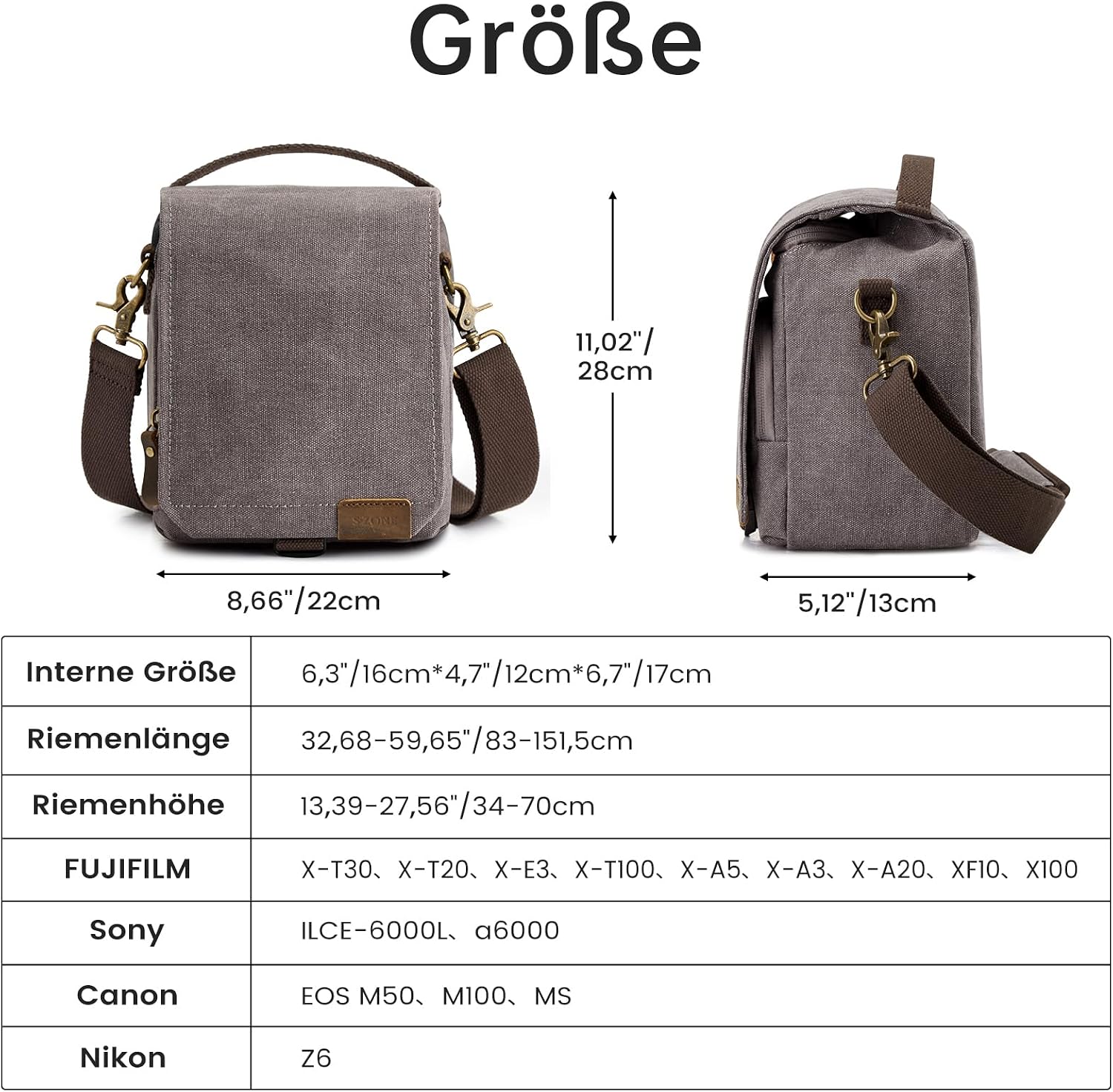 Detalle de S-ZONE Kleine DSLR Kameratasche – wasserabweisende Canvas-Schultertasche mit Trennfach