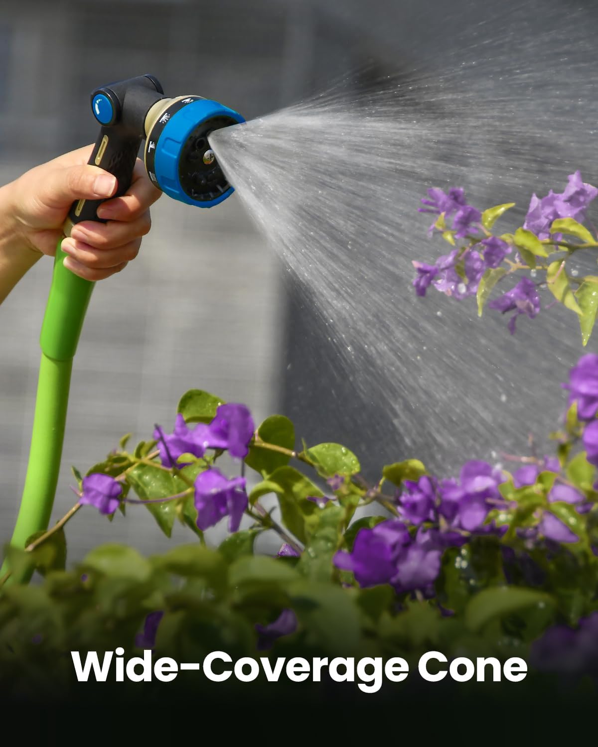 Detalle 2 de RAINPOINT all-metal hose pipe spray gun with thumb flow control and 10 spray patterns (blue)