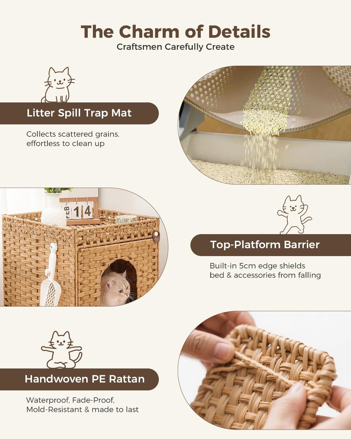 Detalle de Klippehop Katzenhaus Katzenschrank für Katzentoilette – verstecktes Rattan-Möbelstück mit Katzentoilette Matte (Natur, Basic Model)