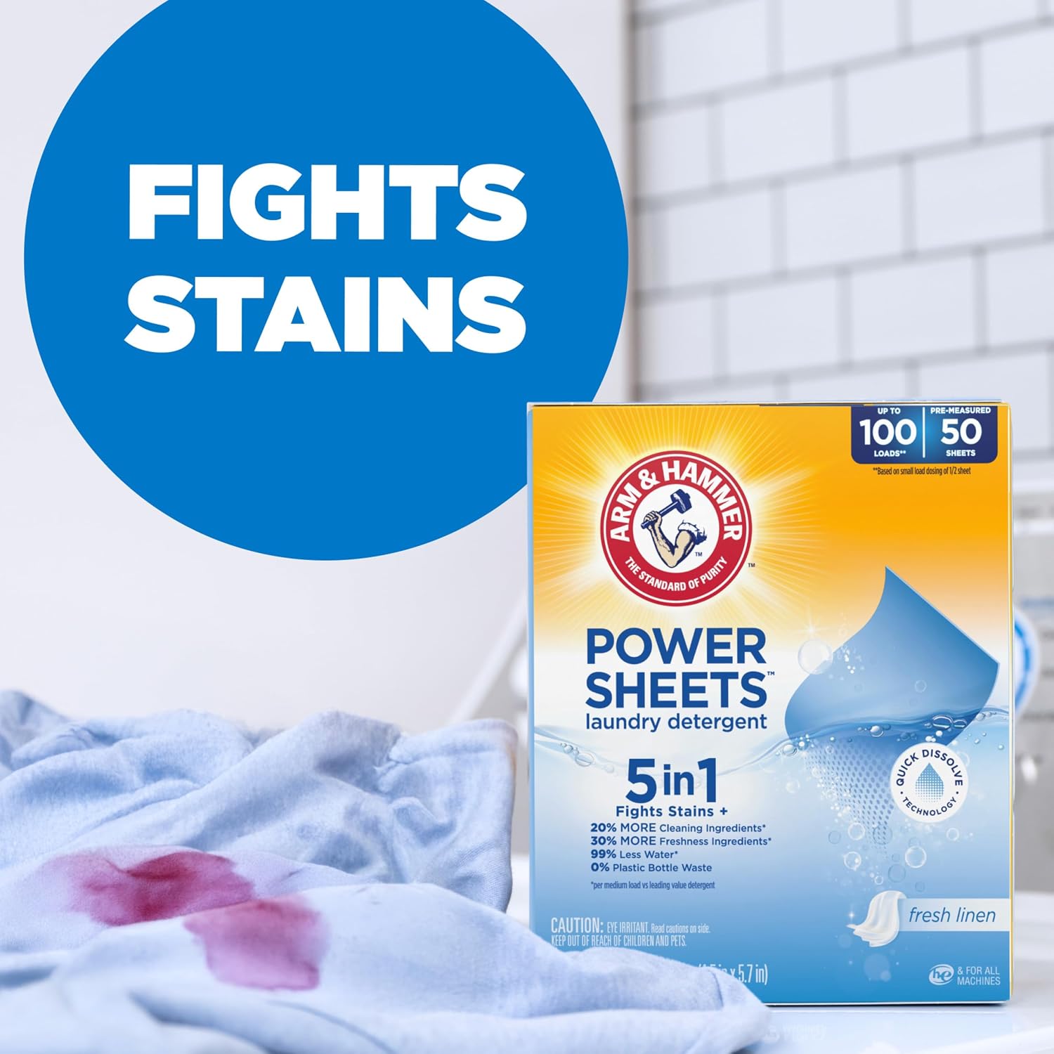 Detalle de ARM & HAMMER 033200976578 5-in-1 Laundry Detergent Sheets, Fresh Linen, 50 Count