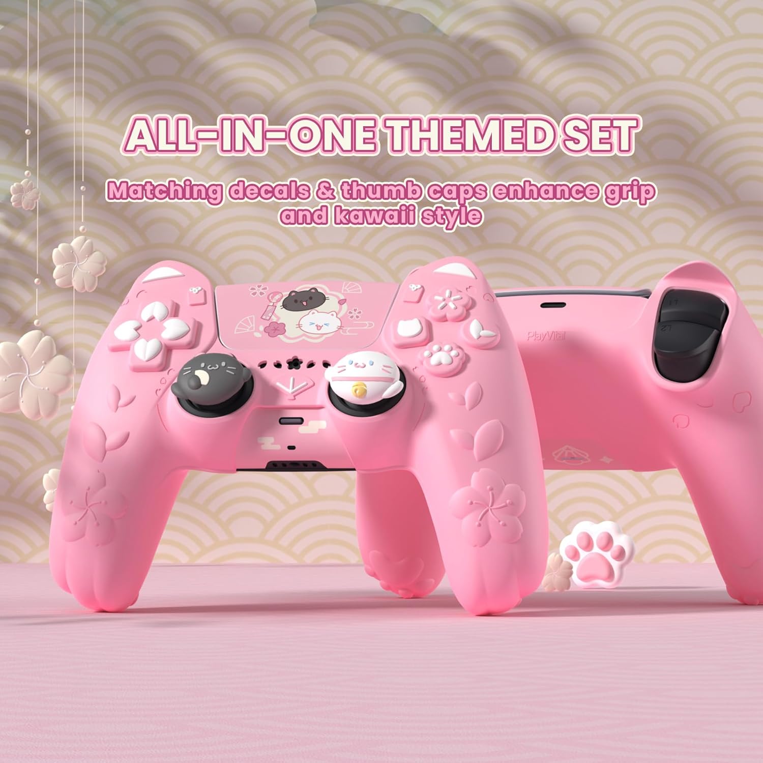 Detalle de PlayVital Cherry Blossoms Cat Skin for PS5 Controller – Anti-slip Silicone Case with Cat Ears, Thumb Grips & Stickers