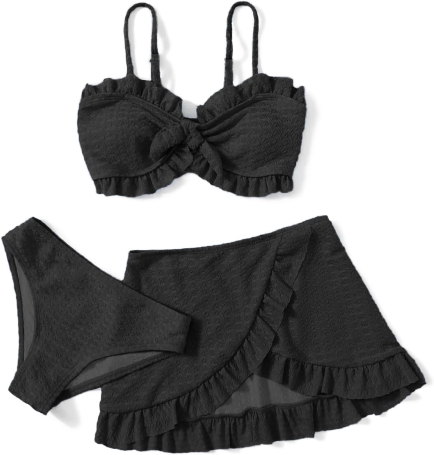 Detalle de Maillot de bain 3 pièces fille avec jupe torsadée devant : haut de bikini + slip + cache-maillot pour plage et piscine