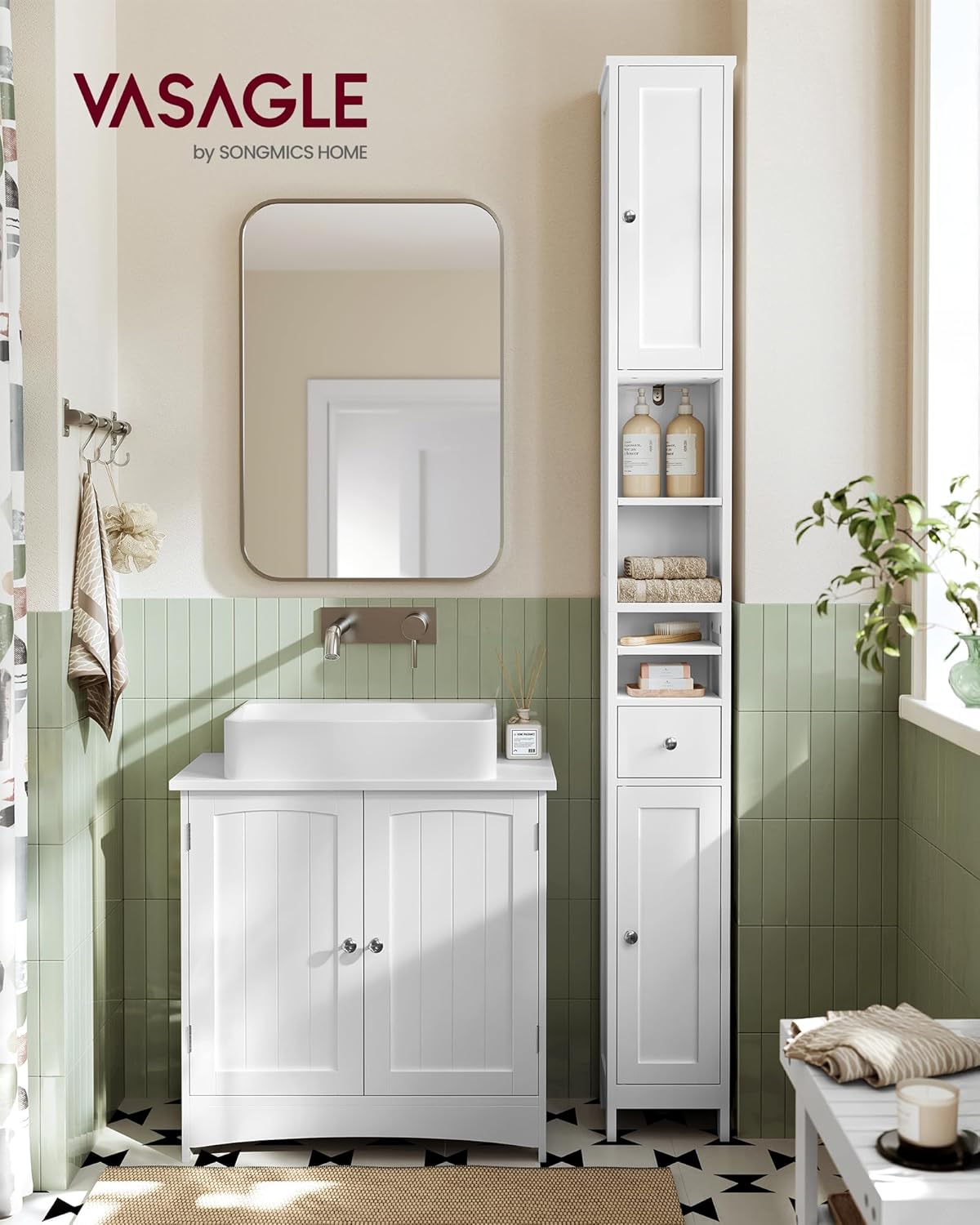 Detalle de VASAGLE Armadio da Bagno Alto BBC765W01, Bianco Nuvola – Compatto, con Ripiani Regolabili e Antiribaltamento