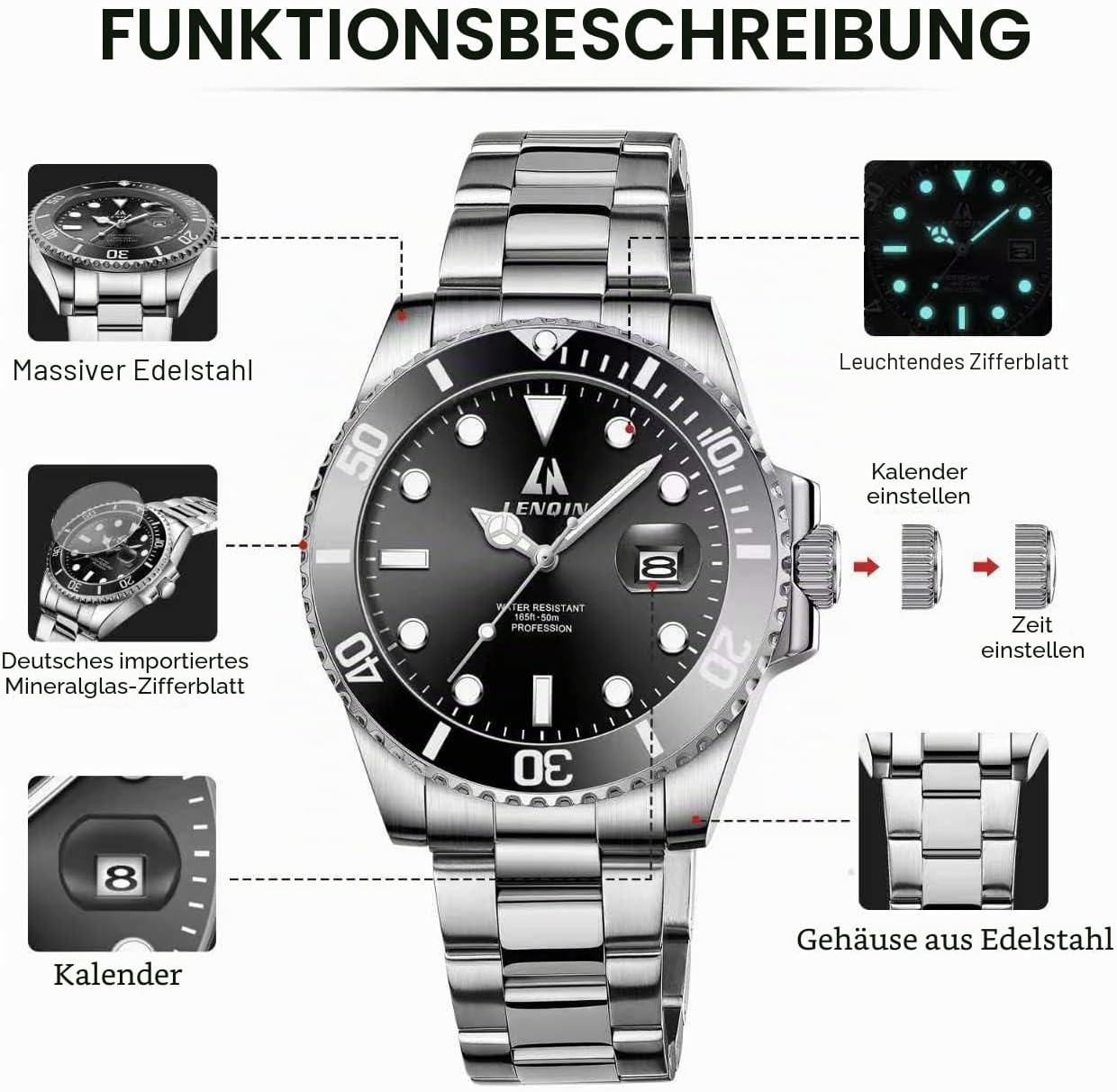 Thumbnail 6 de LN LENQIN Herren Uhr Analog Quarz mit Datum