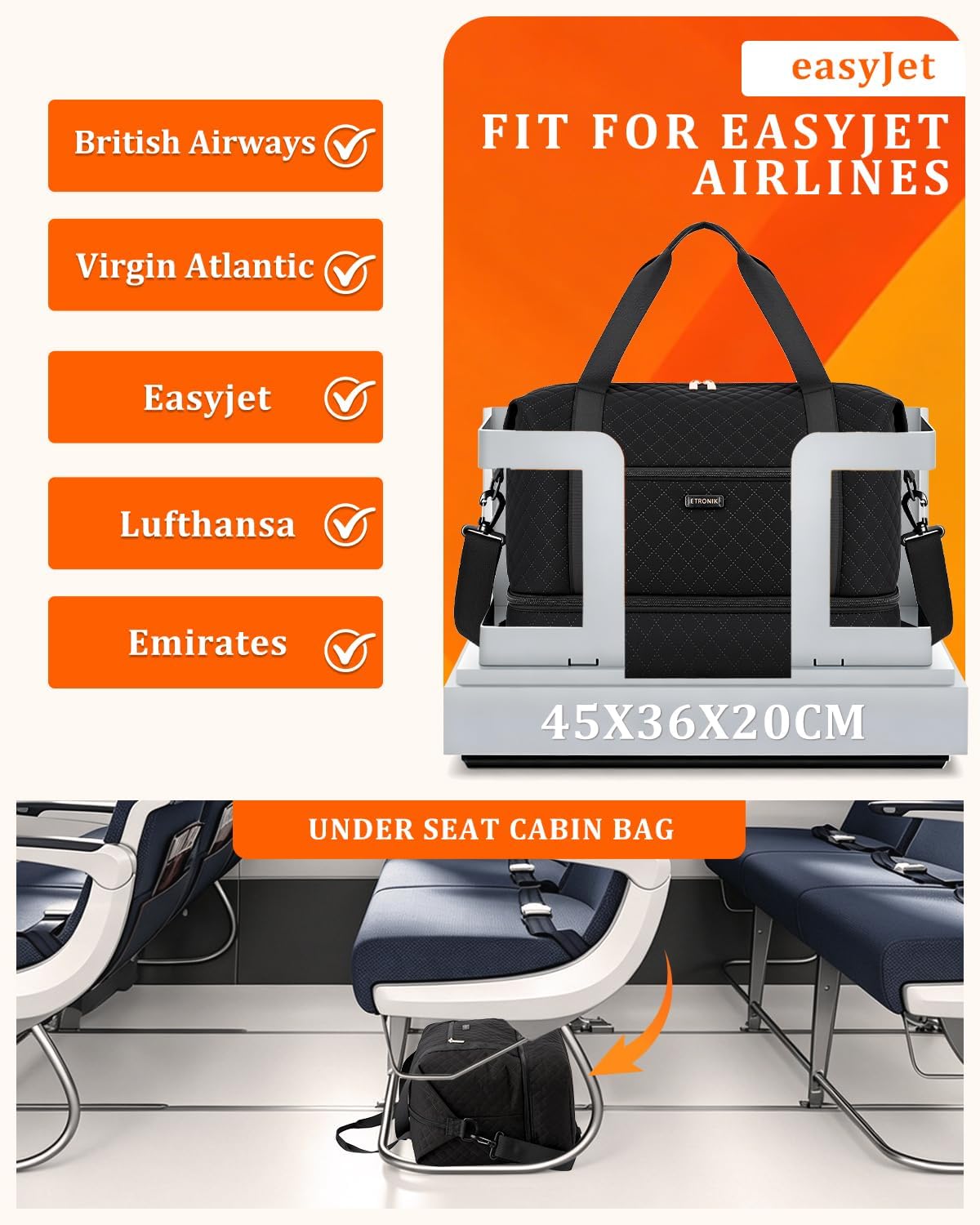 Thumbnail 1 de ETRONIK Easyjet Cabin Bag 45x36x20, 32L Travel Duffle with Shoe Compartment