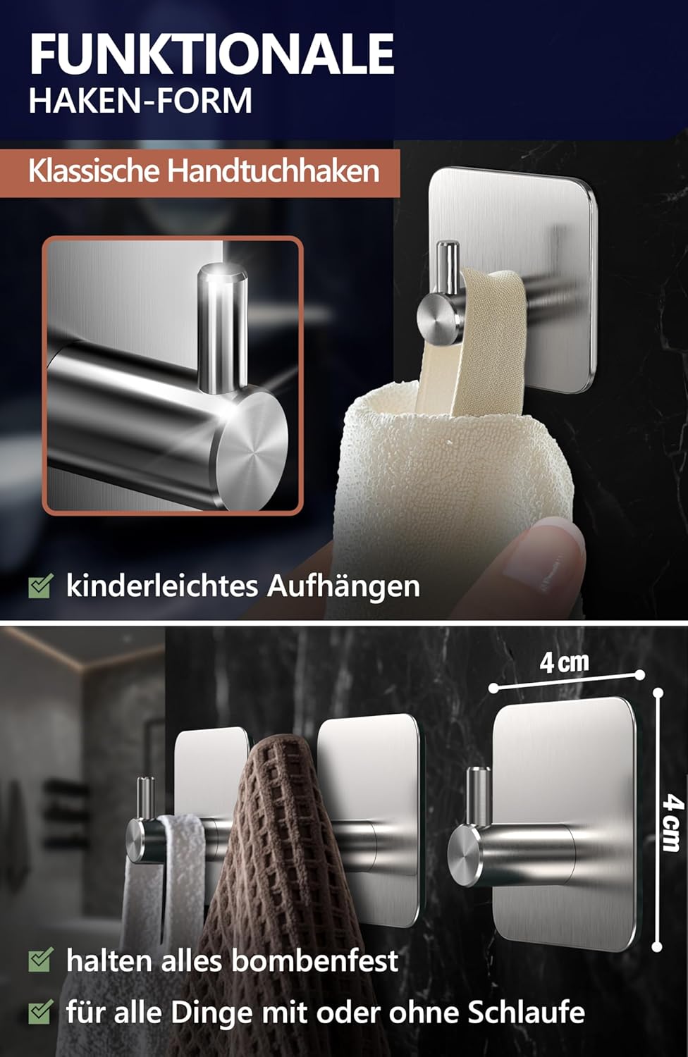 Thumbnail 2 de 4smile Handtuchhalter ohne Bohren – 6 Stück, Edelstahl, Klebehaken für Bad und Küche