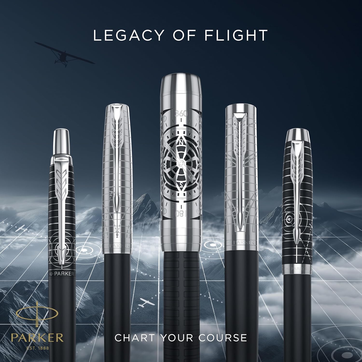 Detalle de Parker Sonnet Legacy of Flight balpen met chromen afwerking, medium punt en zwarte inkt