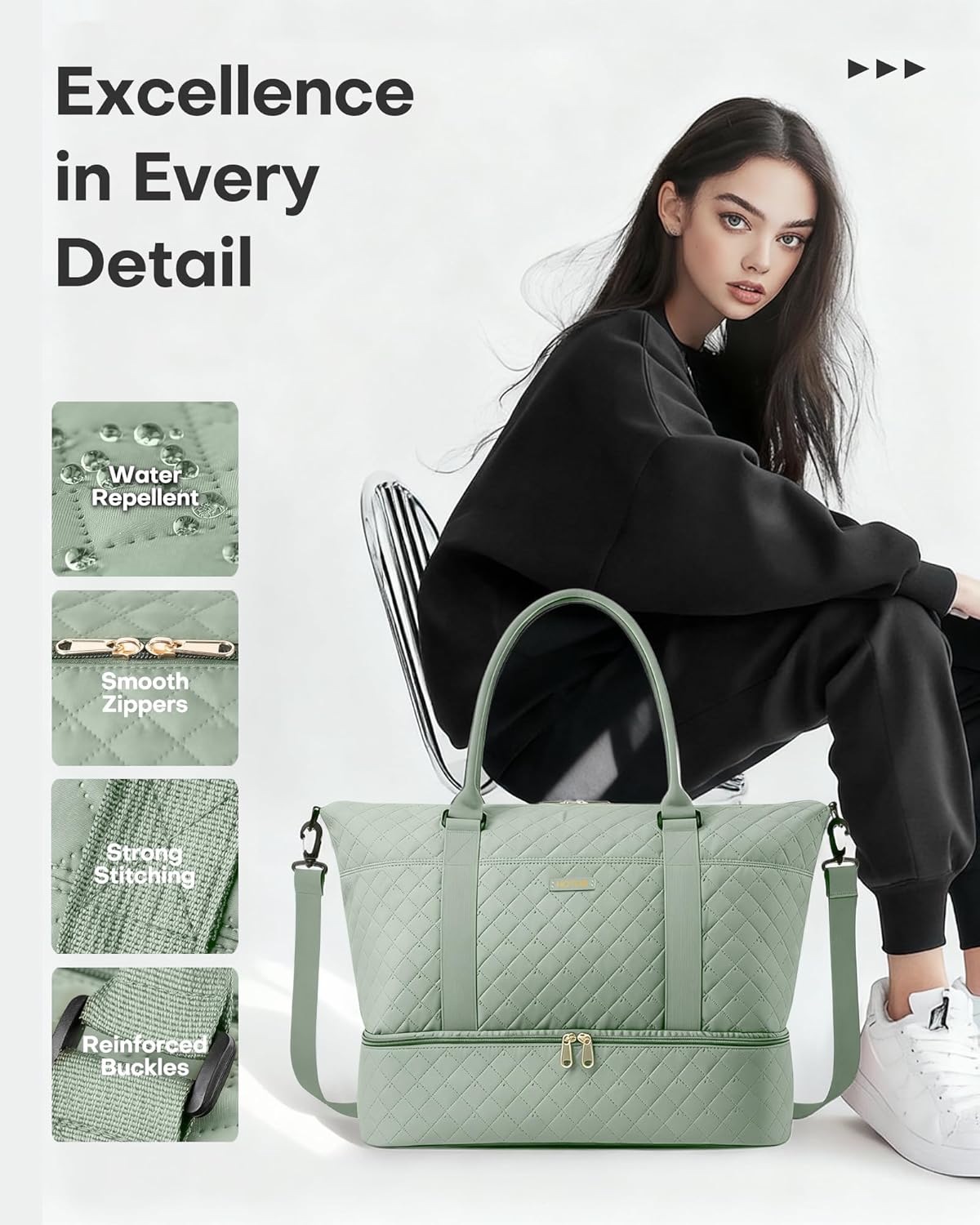 Thumbnail 6 de HOTOR women’s lightweight travel holdall with shoe compartment and toiletry bag (Green) – 34 x 45 x 20 cm