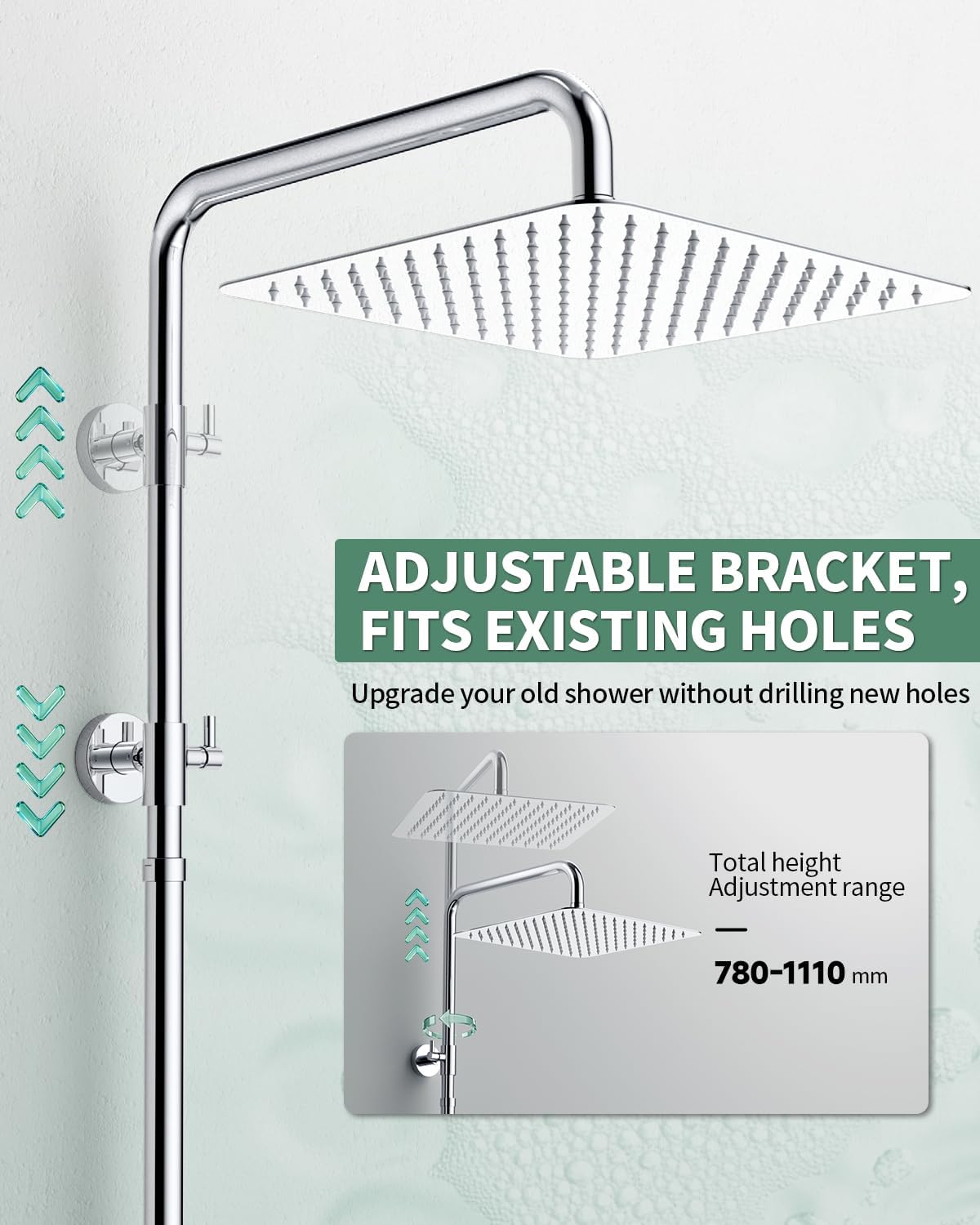 Thumbnail 4 de SunCleanse Shower Riser Rail Kit with 30 × 30 cm Square Overhead Shower – Chrome