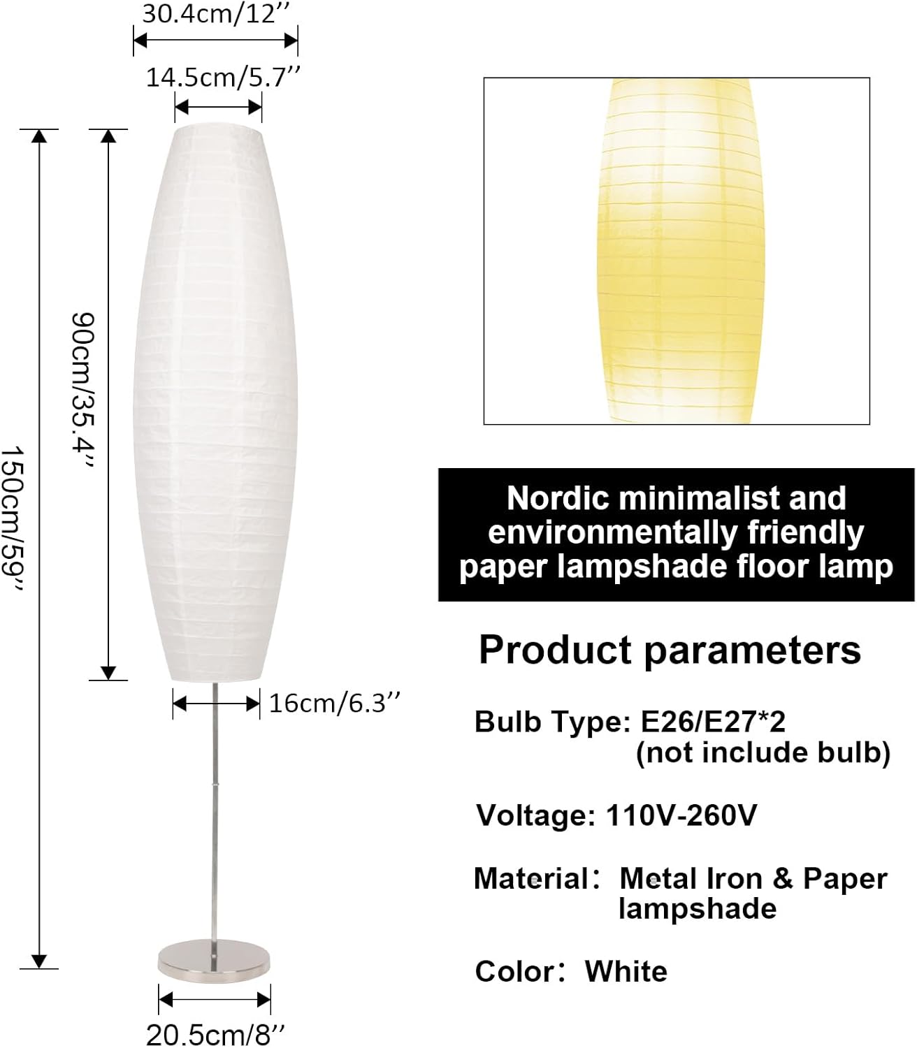 Detalle de Lianheng Paper Floor Lamp, Rice Paper Oval Lamp – Beige