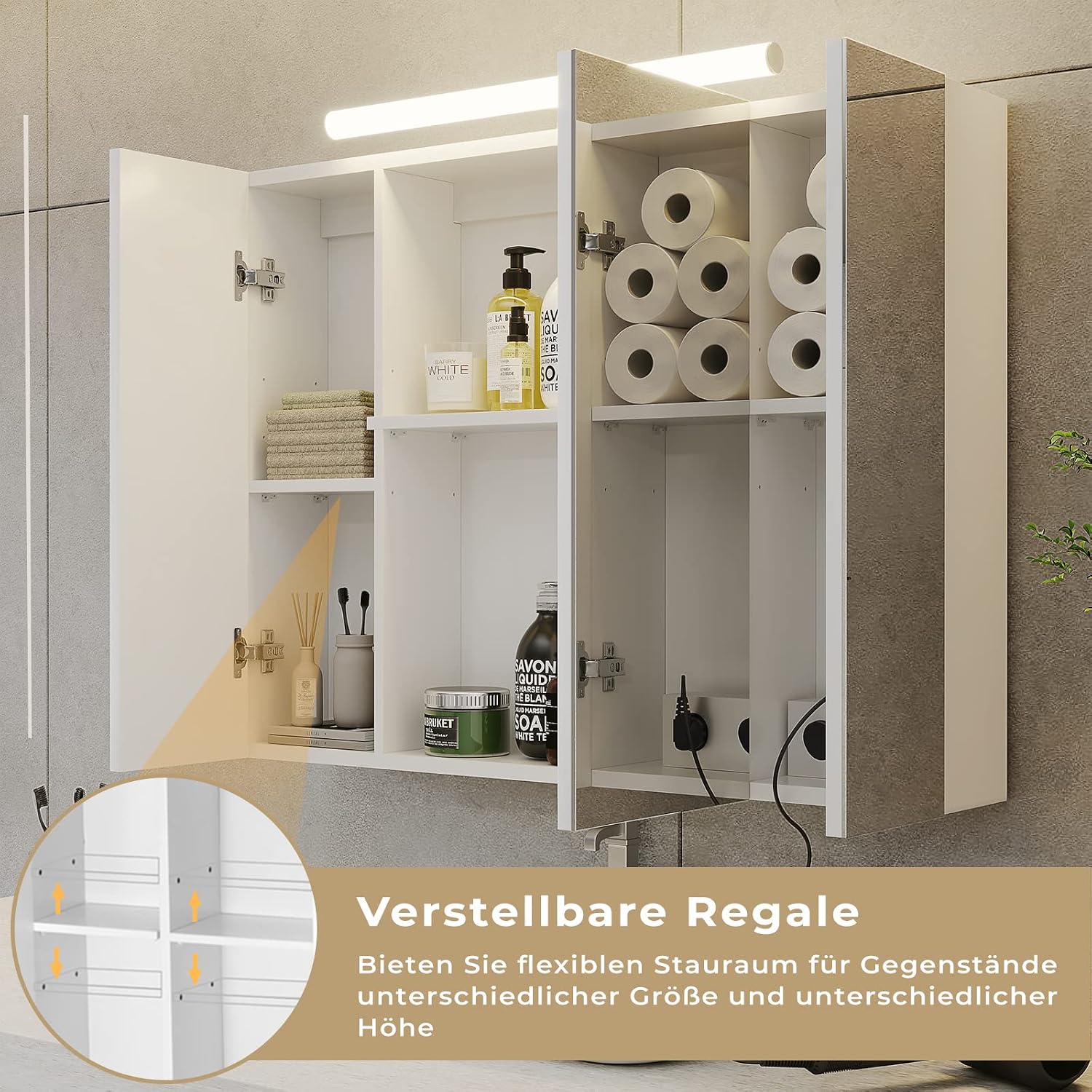 Detalle 2 de DICTAC Armadietto Specchio da Bagno con Luce LED e Presa Elettrica, 80x16x60 cm, Bianco