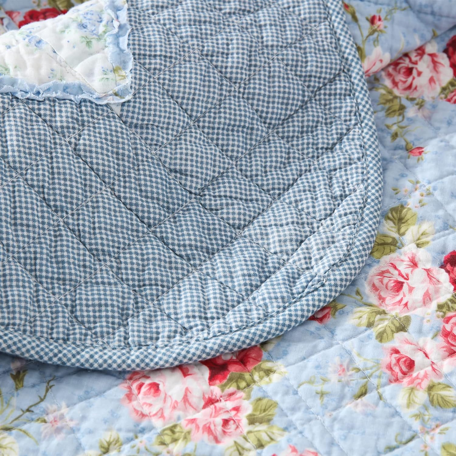 Detalle de Qucover Single Bedspread Quilted Soft Cotton Blue Floral Patchwork