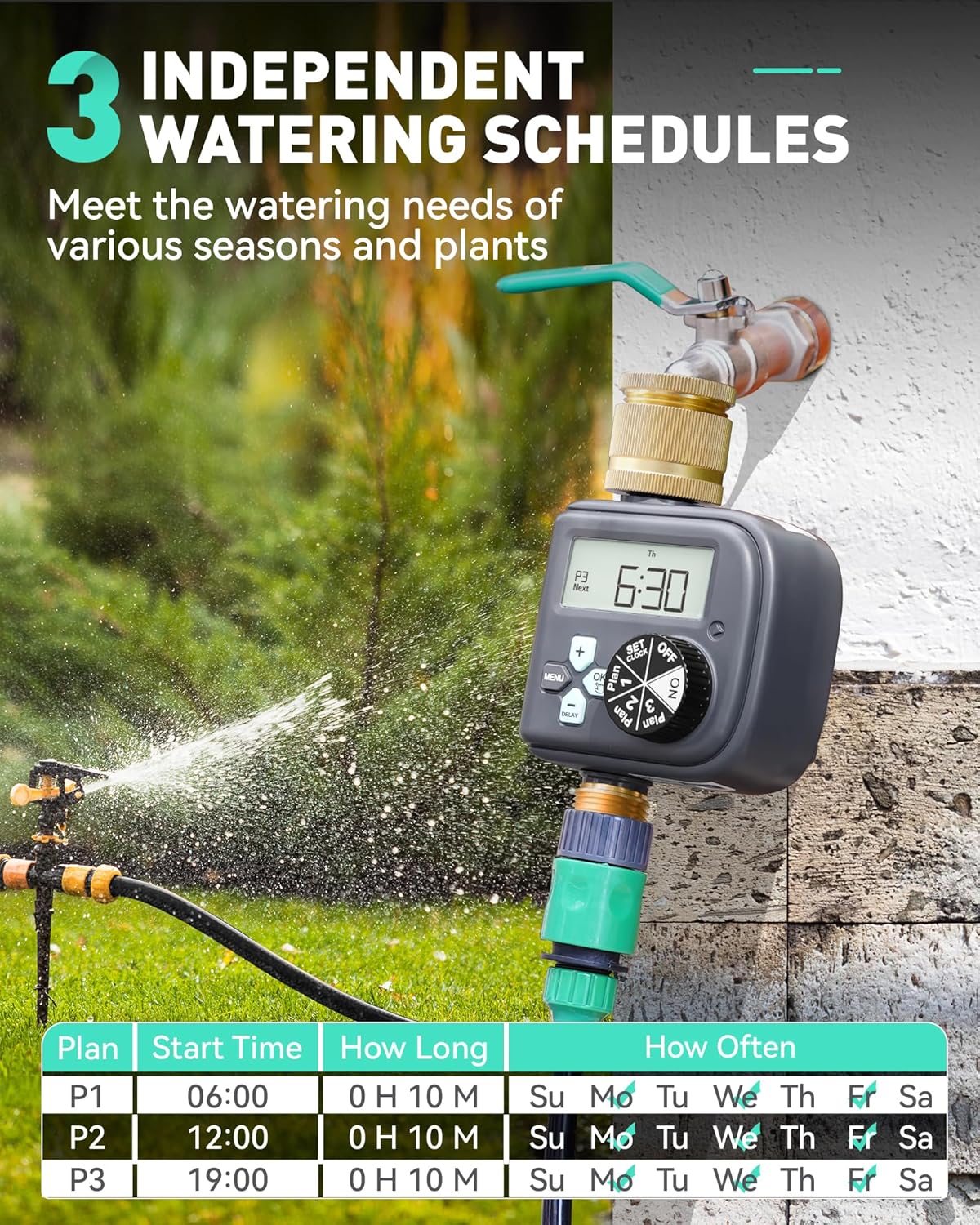 Thumbnail 3 de RAINPOINT Water Timer with Brass Inlet & Outlet, 3 Independent Programs and Rain Delay