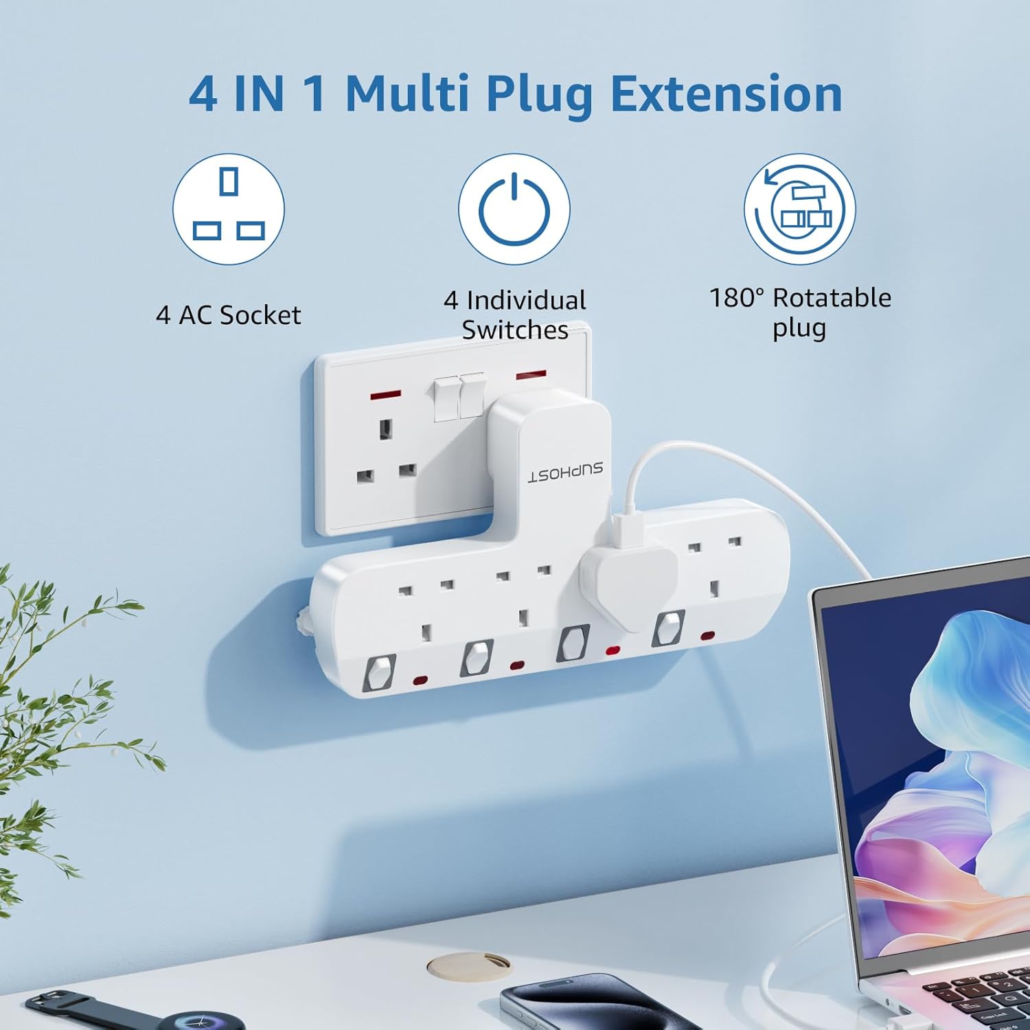 Thumbnail 3 de SUPHOST 4‑way Plug Adapter 13A with switches 🔌