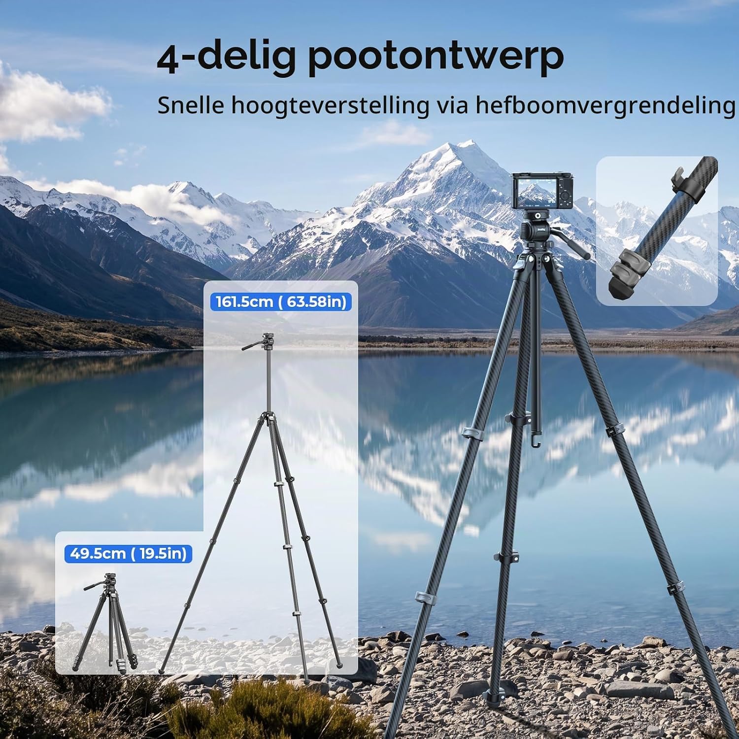 Detalle de SMALLRIG 5877 carbonfiber reisstatief met vloeistofkop en omkeerbare middenkolom