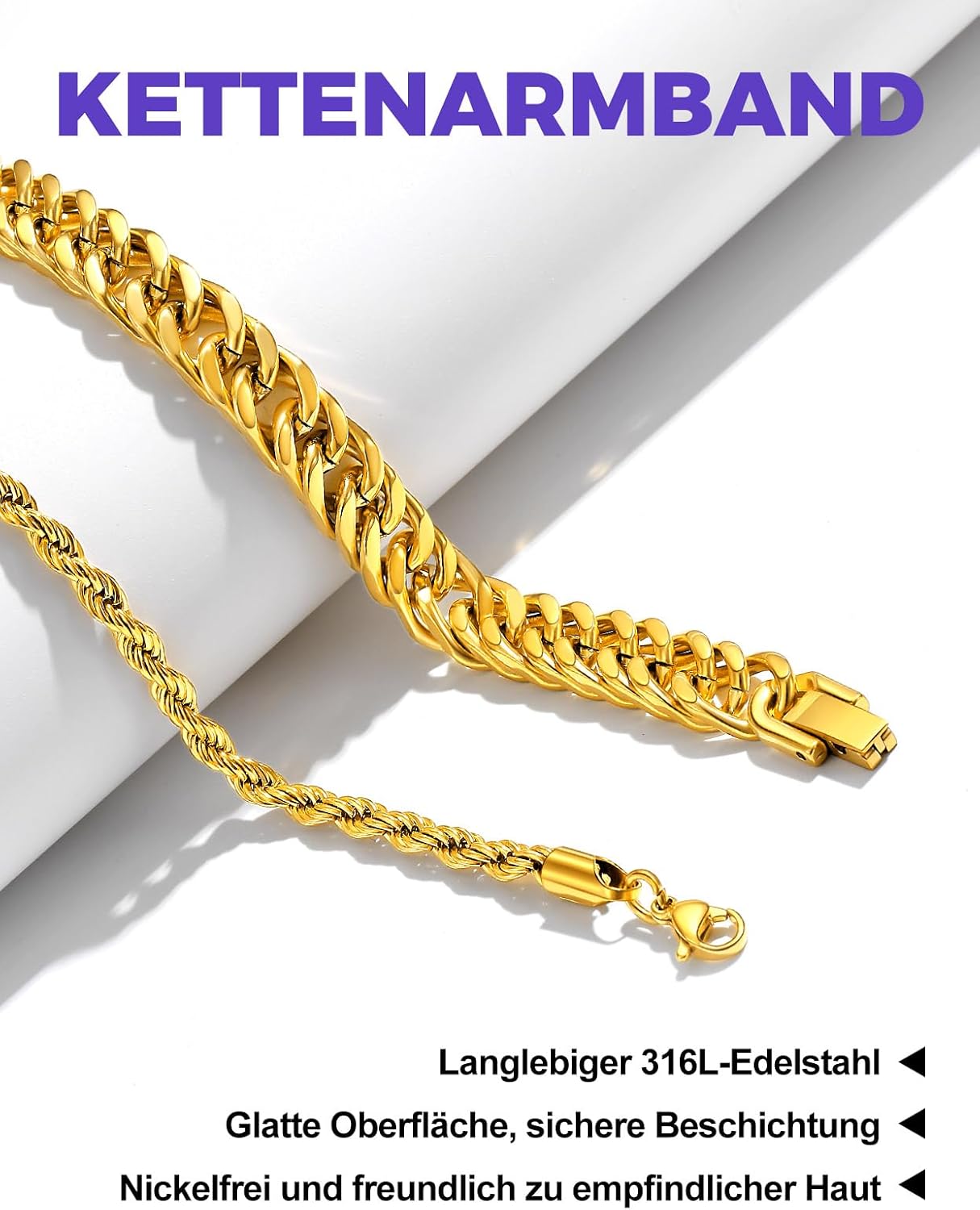 Detalle de Richsteel Herren Edelstahl Armband-Set (2/3-teilig), stapelbar in Schwarz/Stahl/Gold – 9/8/4 mm, Längen 19/21/23 cm