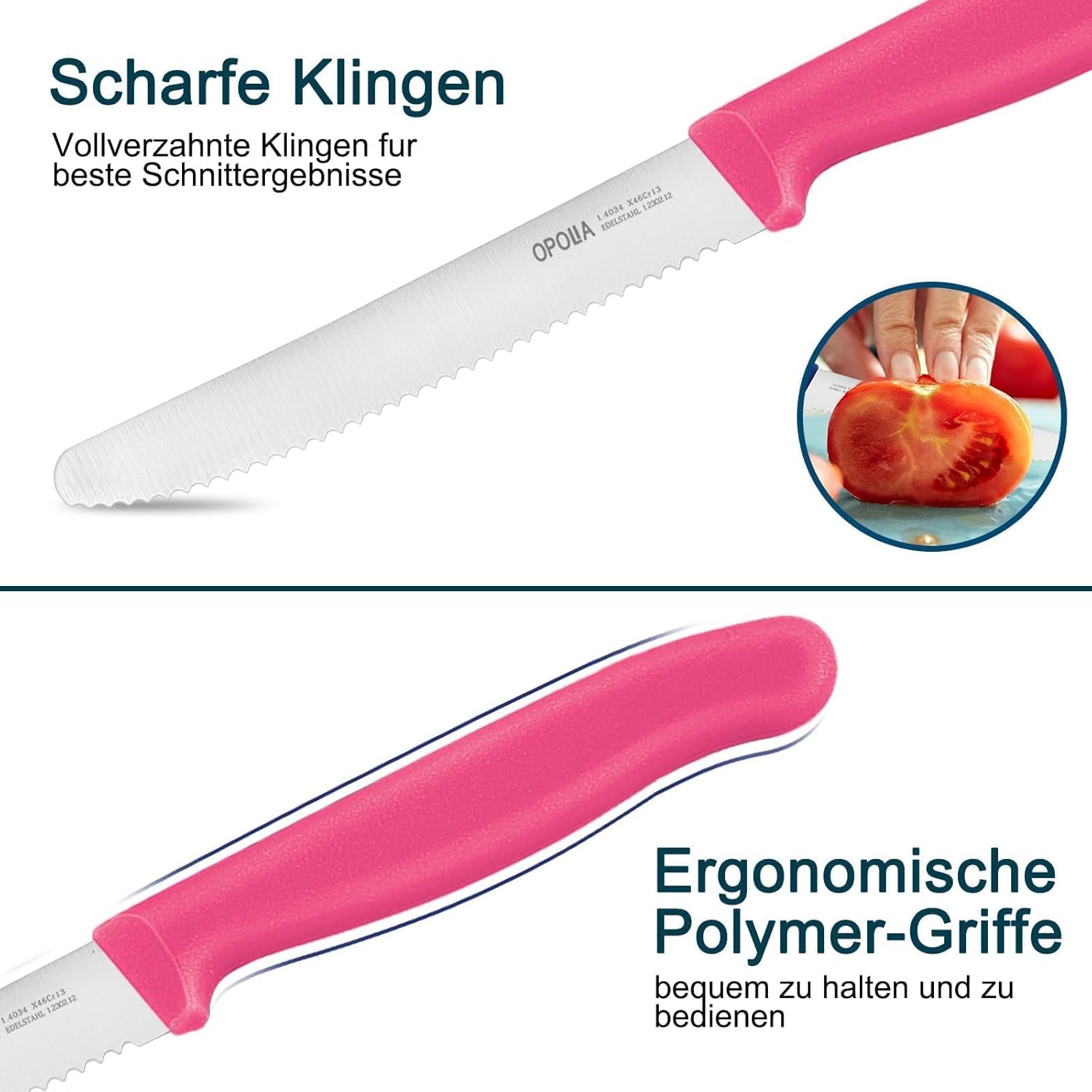 Detalle de OPOLIA Tafelmesser-Set (12-teilig) mit Wellenschliff – Frühstücks-, Brötchen- und Tomatenmesser in Pink