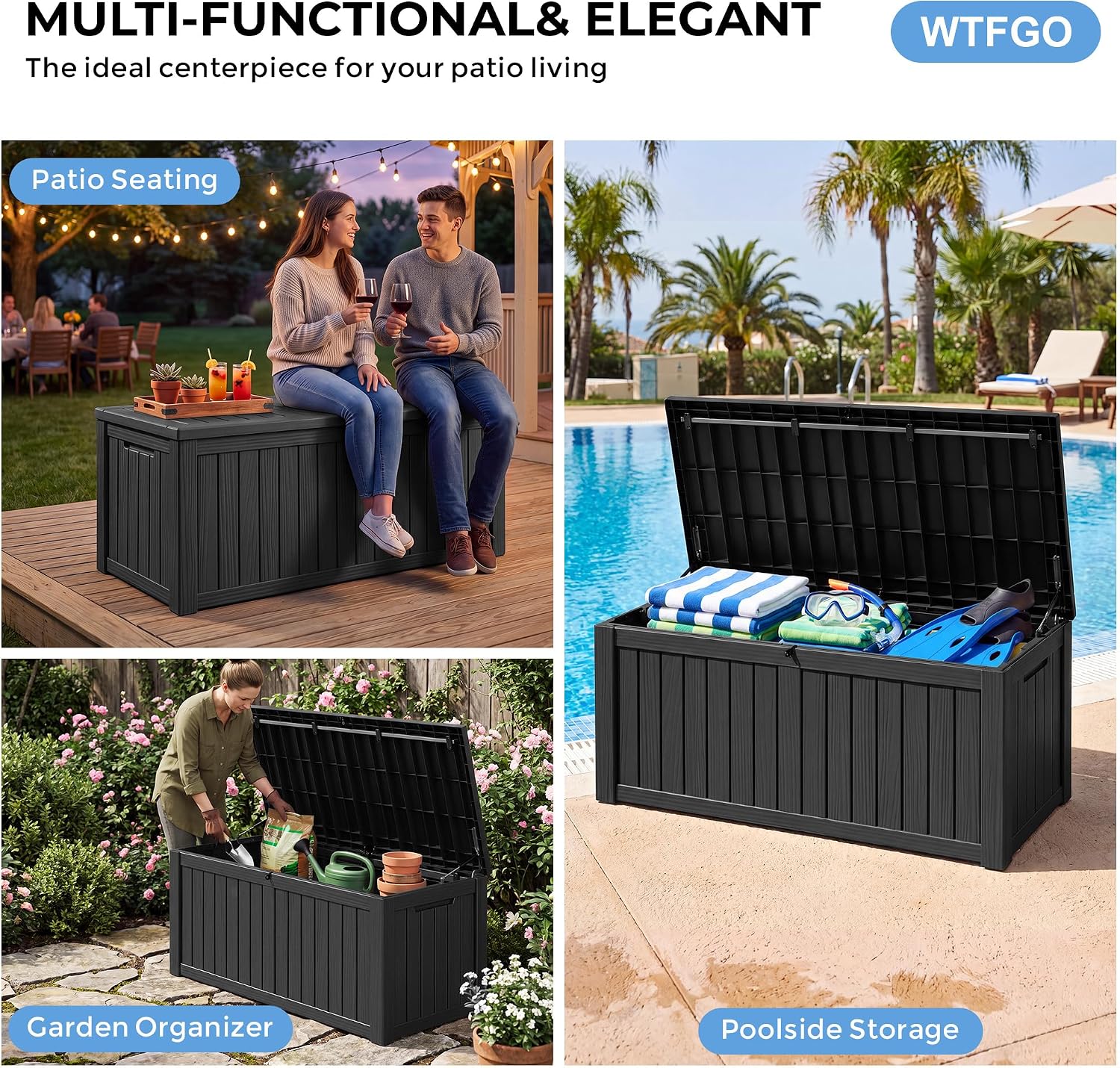 Detalle de WTFGO 160-Gallon Outdoor Storage Box, Waterproof Black Resin Deck Box
