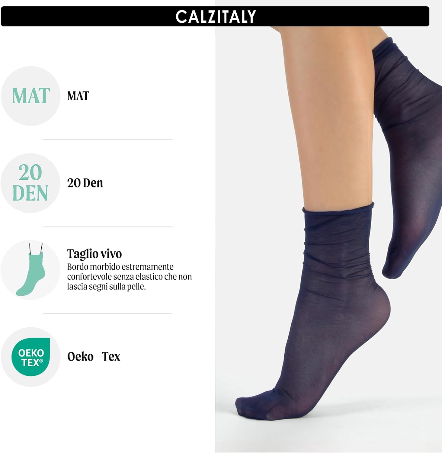 Detalle de CALZITALY PACK 4/5/6 PAIA – Calzini Taglio Vivo 20 DEN, senza elastico, made in Italy