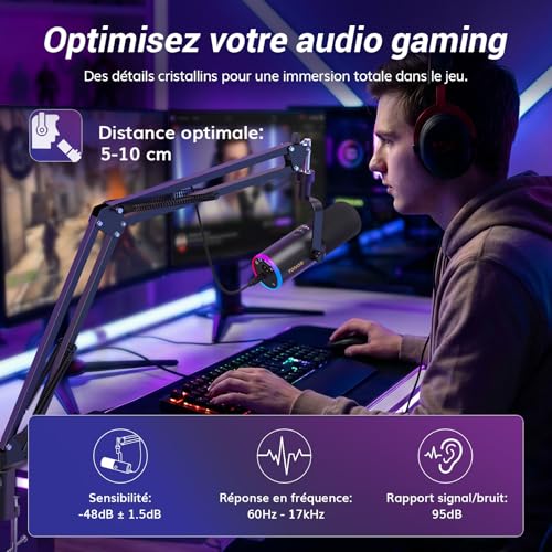 Detalle de TONOR TD510 AIR H+ Micro Gaming Dynamique pour PC — Microphone Cardioïde USB/XLR avec Bras, RGB et Annulation IA