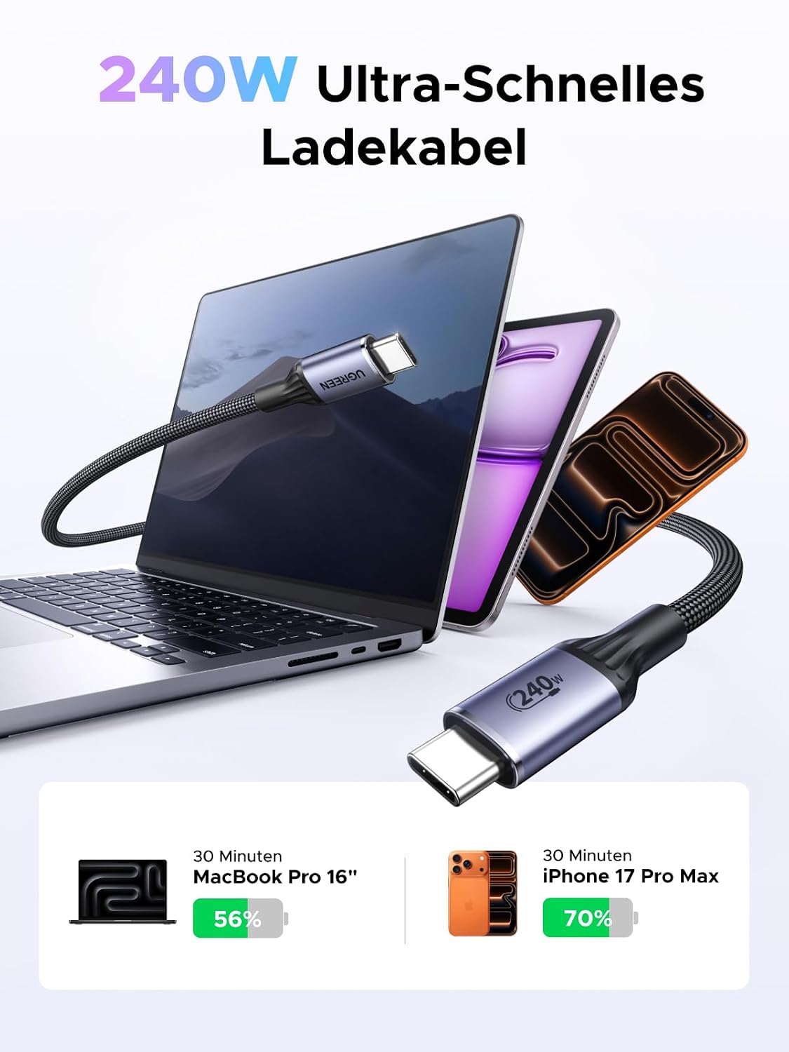 Detalle 1 de UGREEN USB C Kabel 1 m 240W 🔌