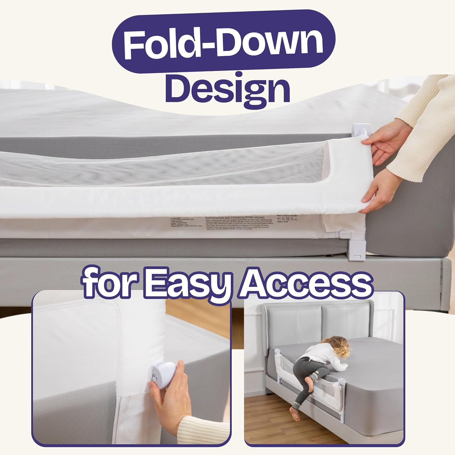 Detalle 1 de ComfyBumpy CFBY12836 Adjustable Toddler Bed Rail, 55.5-Inch Swing-Down Guard