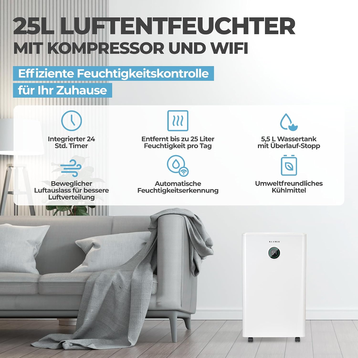Detalle 2 de KLAMER Luftentfeuchter 25L 5,5L Tank