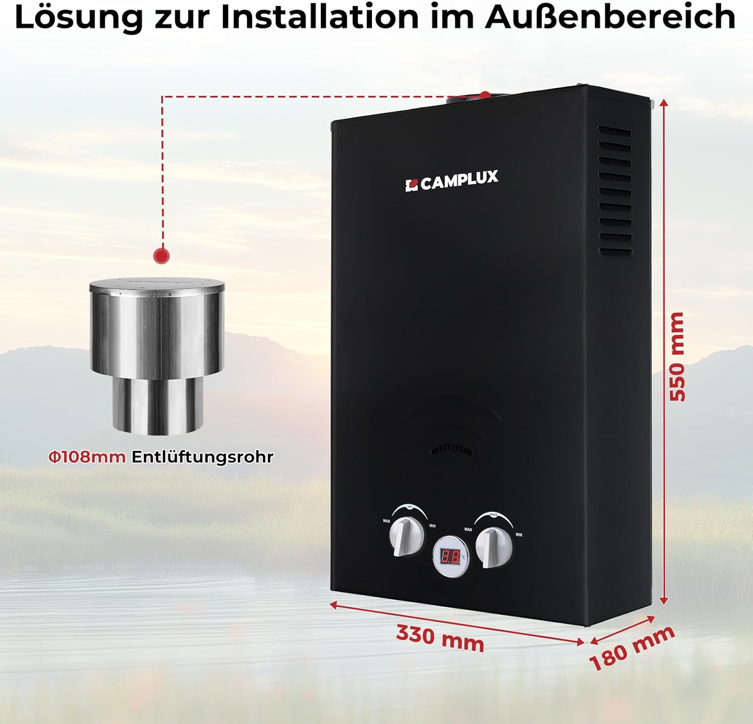 Detalle de Camplux BW264BC-DE Gas-Durchlauferhitzer 10L/min – Propan/Butan, 50 mbar, Edelstahl-Abdeckdeckel