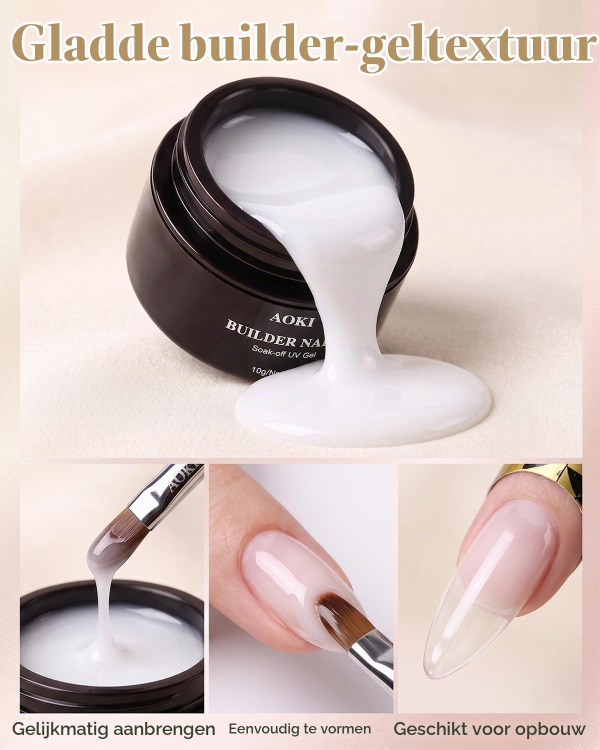 Detalle de Aokitec Nudes White Builder Gel Set met aurorapoeder en UV/LED-uitharding