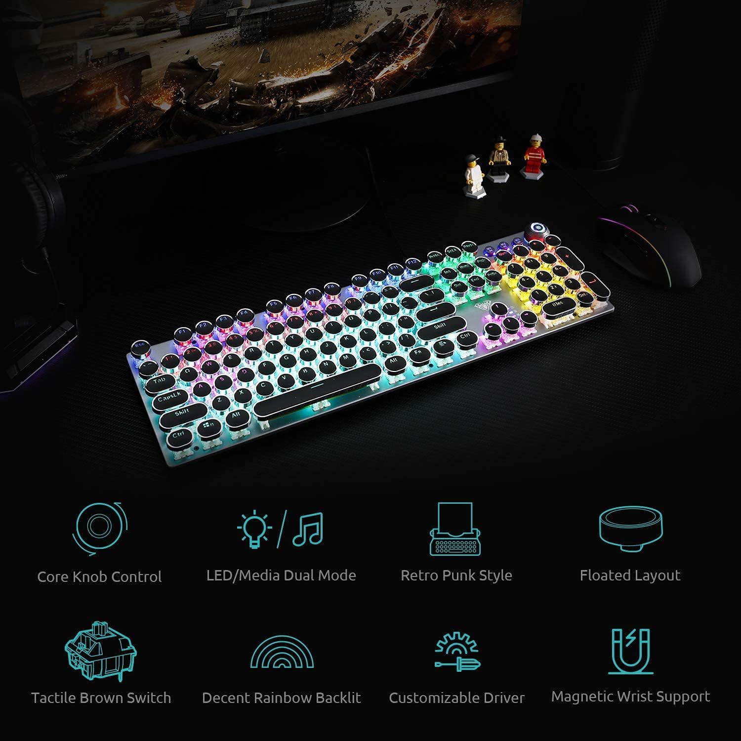 Detalle de AULA F2088 Typewriter-Style Mechanical Gaming Keyboard with Blue Switches, Media Knob & Removable Wrist Rest (108-key wired, black)