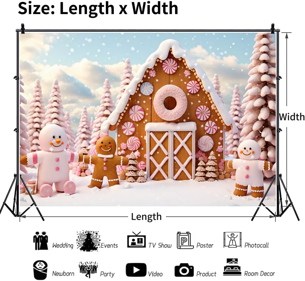 Thumbnail 3 de GCIREC 7x5ft Weihnachts Hintergrund Rosa Süßigkeiten Lebkuchen Winter Karikaturen – Fotokabine Requisiten