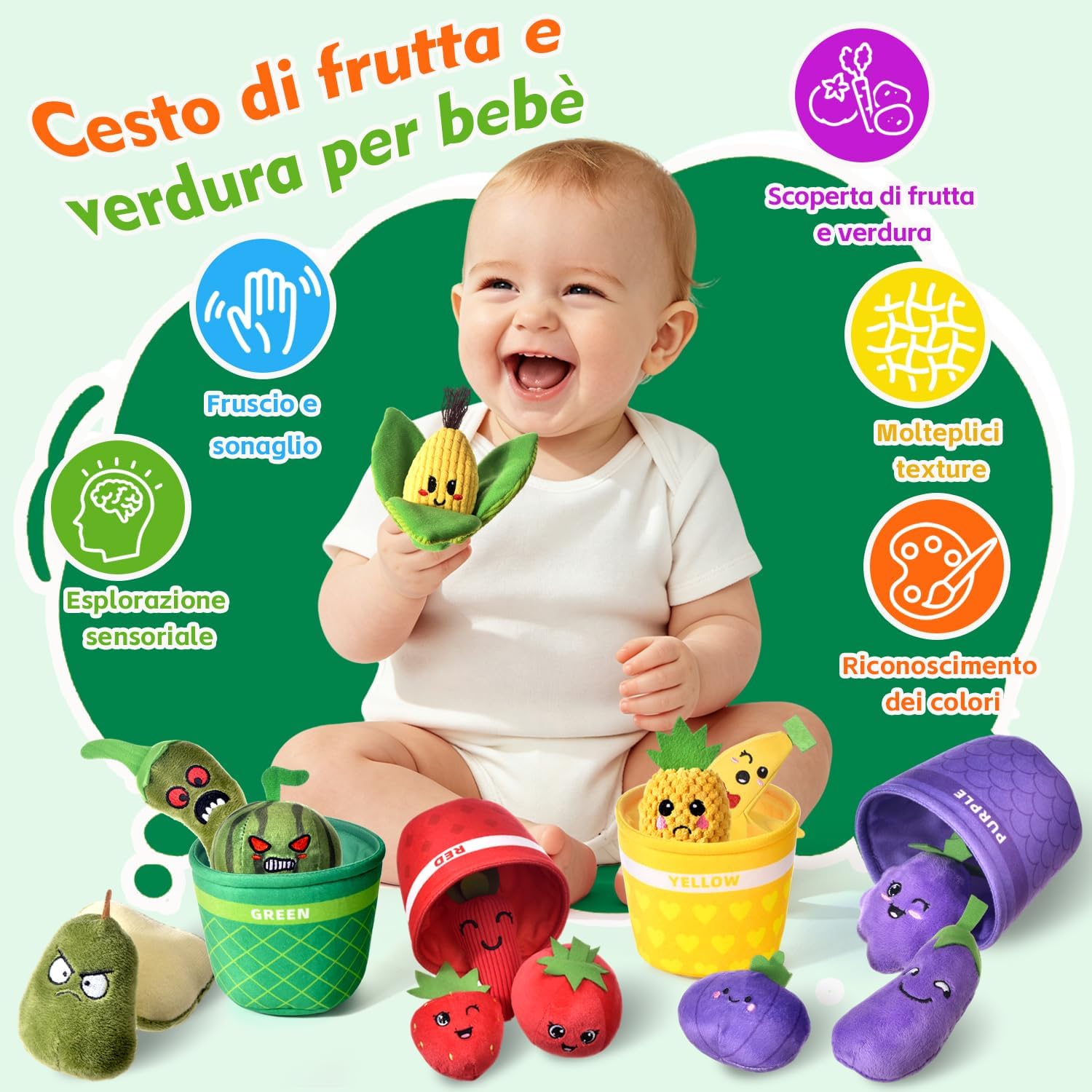 Detalle de Tokiyis Giochi Montessori 6-12 Mesi – 16 PCS Frutta Verdura Peluche con Sonaglio e Cestino