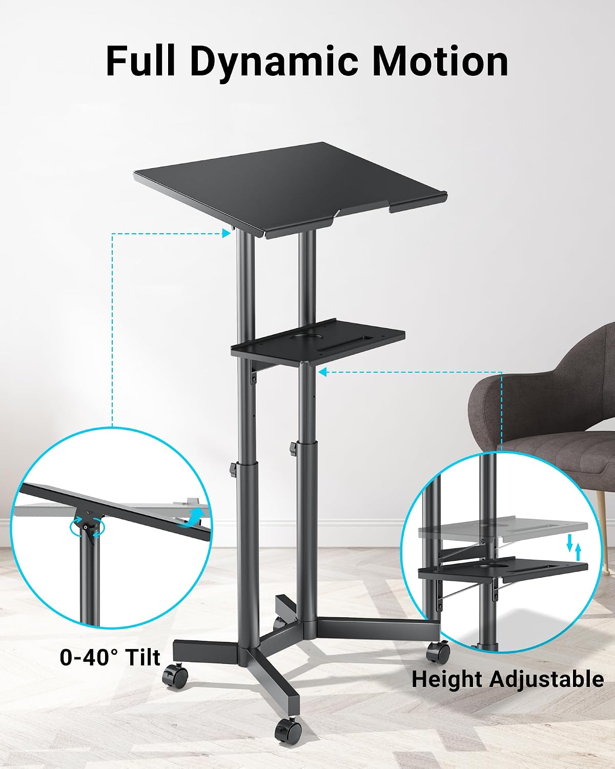 Thumbnail 1 de BONTEC Adjustable Mobile Laptop Desk with Wheels (60x40 cm) – Rolling Stand-Up Workstation