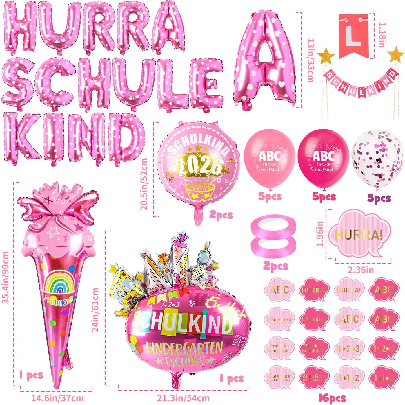 Detalle de iZoeL Schulkind Deko Set Einschulung Mädchen – HURRA SCHULKIND Girlande, 2026 Folienballons und Zuckertüten-Deko