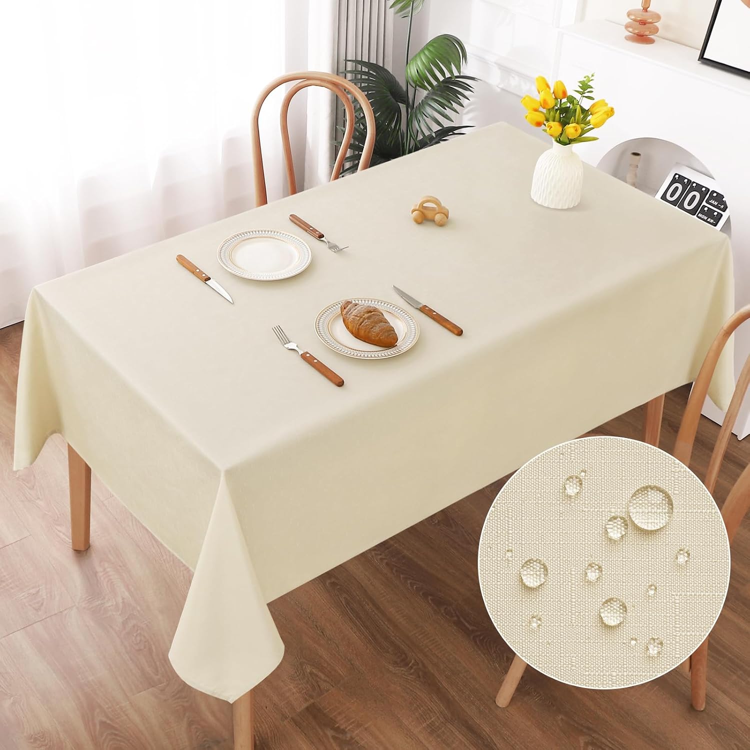 Detalle de AooHome Tischdecke abwaschbar Beige (Leinen-Optik) 140 x 200 cm