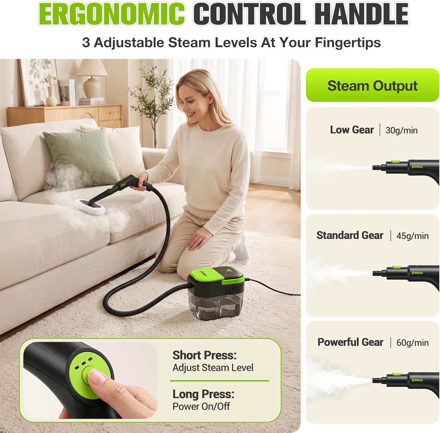 Detalle de poeuu JLC-NEW-201 Handheld Steam Cleaner, 3.5 Bar, 1.69 Qt Tank