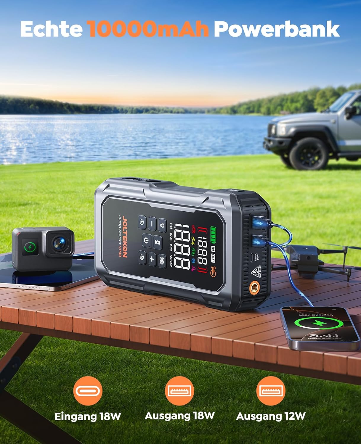 Detalle de 7000A Joltekon VP40 Starthilfe Powerbank – Startklar für Pkw, 12V Benzin/Diesel bis 12L