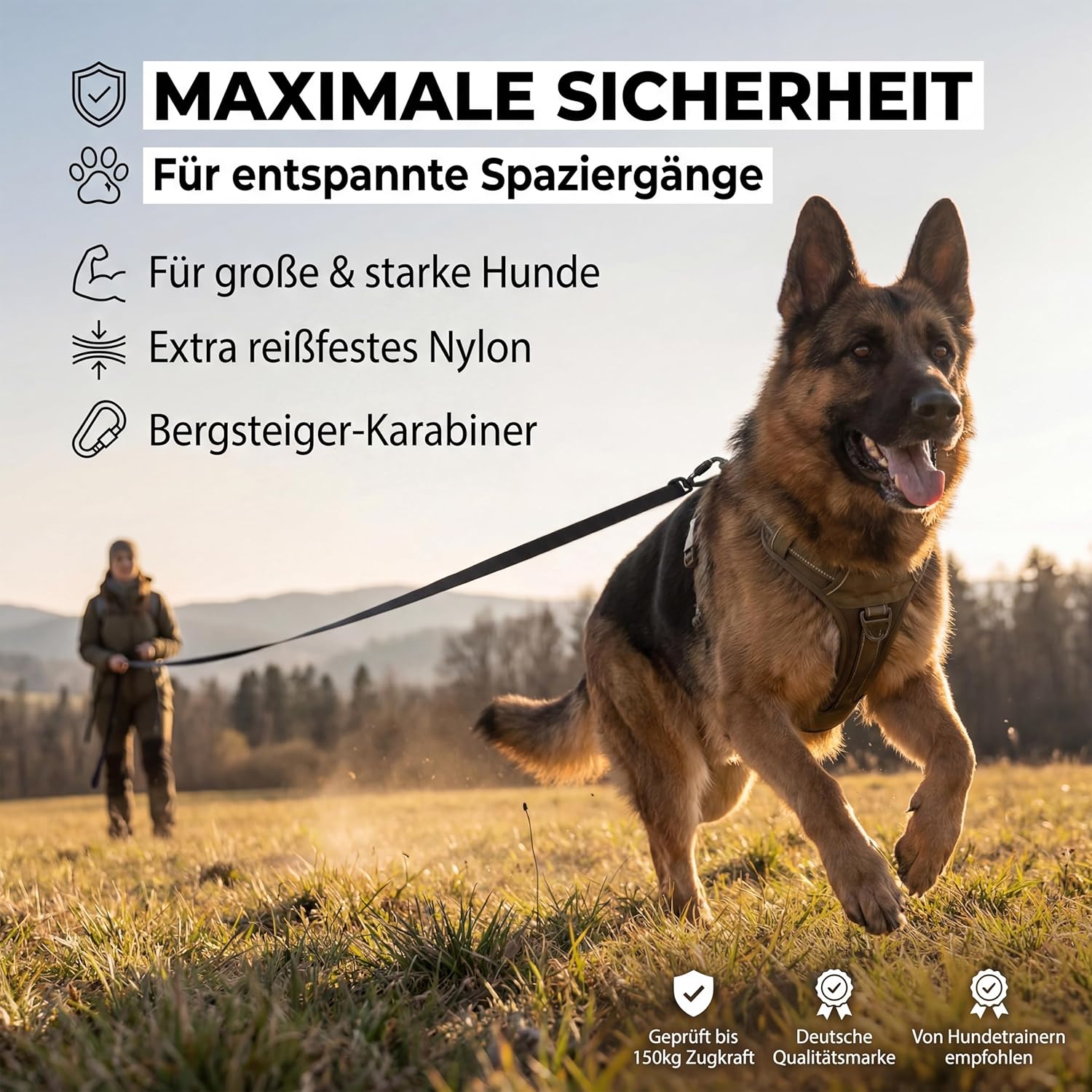 Thumbnail 4 de HUND IST KÖNIG Schleppleine 15 m für Hunde bis 12–70 kg – robuste Laufleine mit Griffpolster & Sicherheitskarabiner