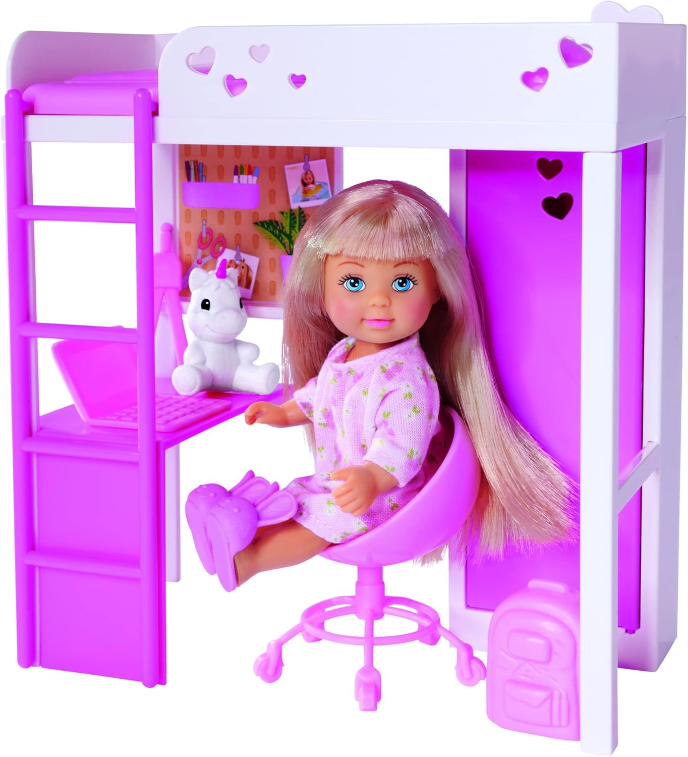 Detalle de Simba Evi Love chambre mini avec lit mezzanine et bureau, poupée 12 cm