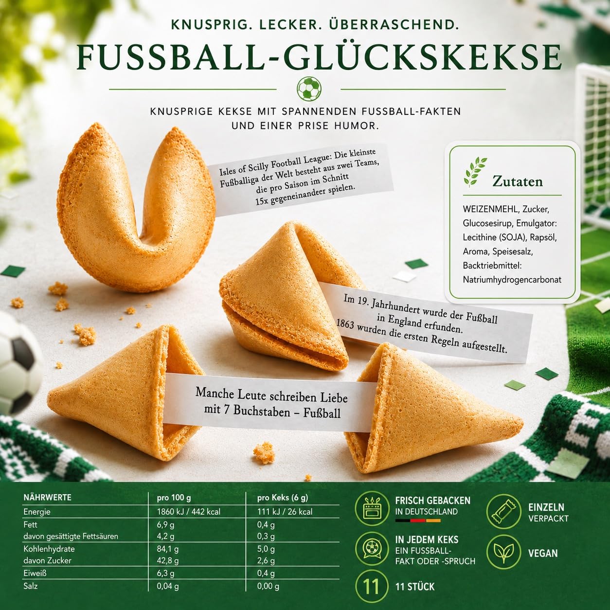 Thumbnail 1 de Glückskekse Fußball Fan 11er Geschenkkarton – Vegane Glückskekse mit Sprüchen rund ums Fußballspielen