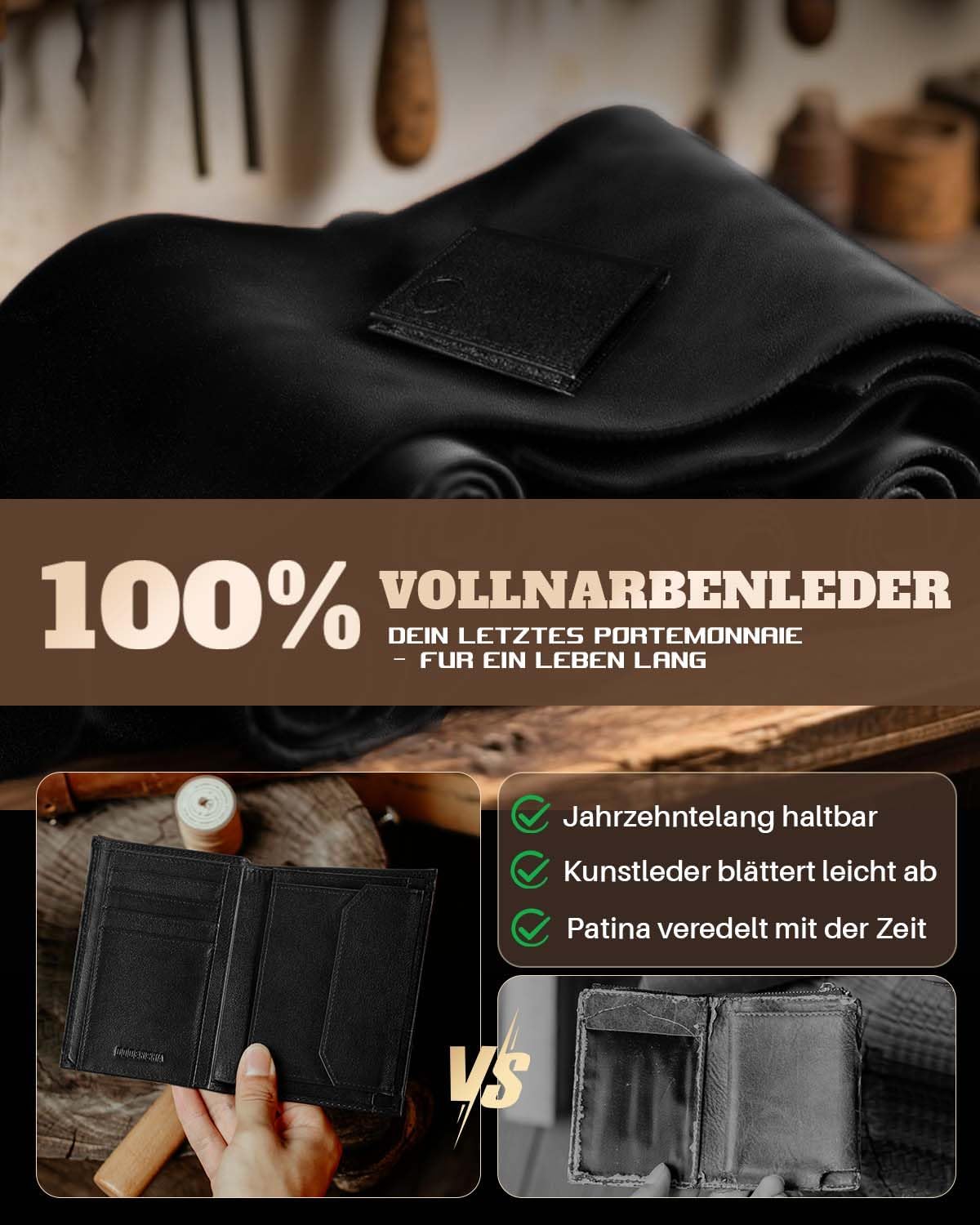 Detalle de DODENSHA Portmonee Herren mit Airtag Fach und RFID-Schutz | Echtleder Geldbörse mit XL Münzfach